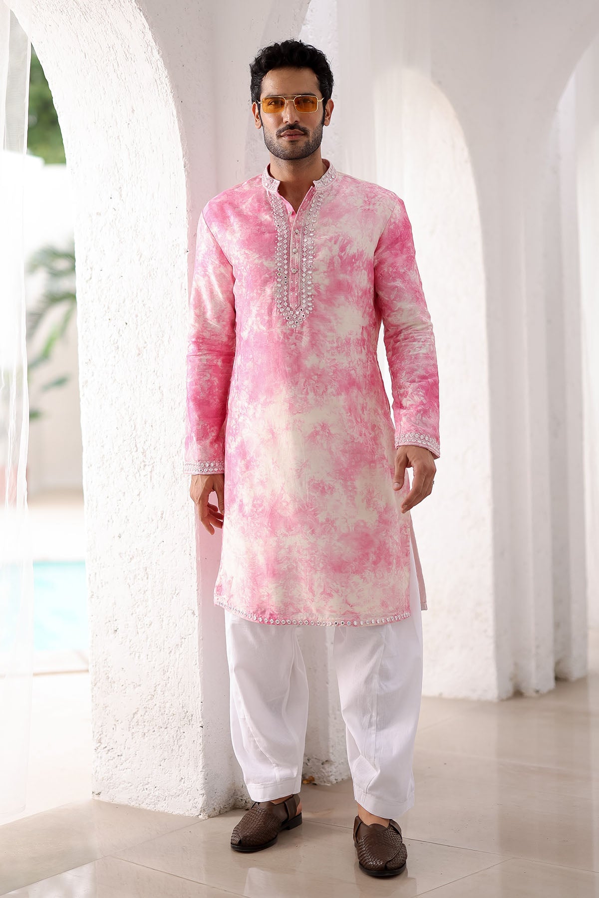 Pink Tie-dye Mirror Work Kurta Set