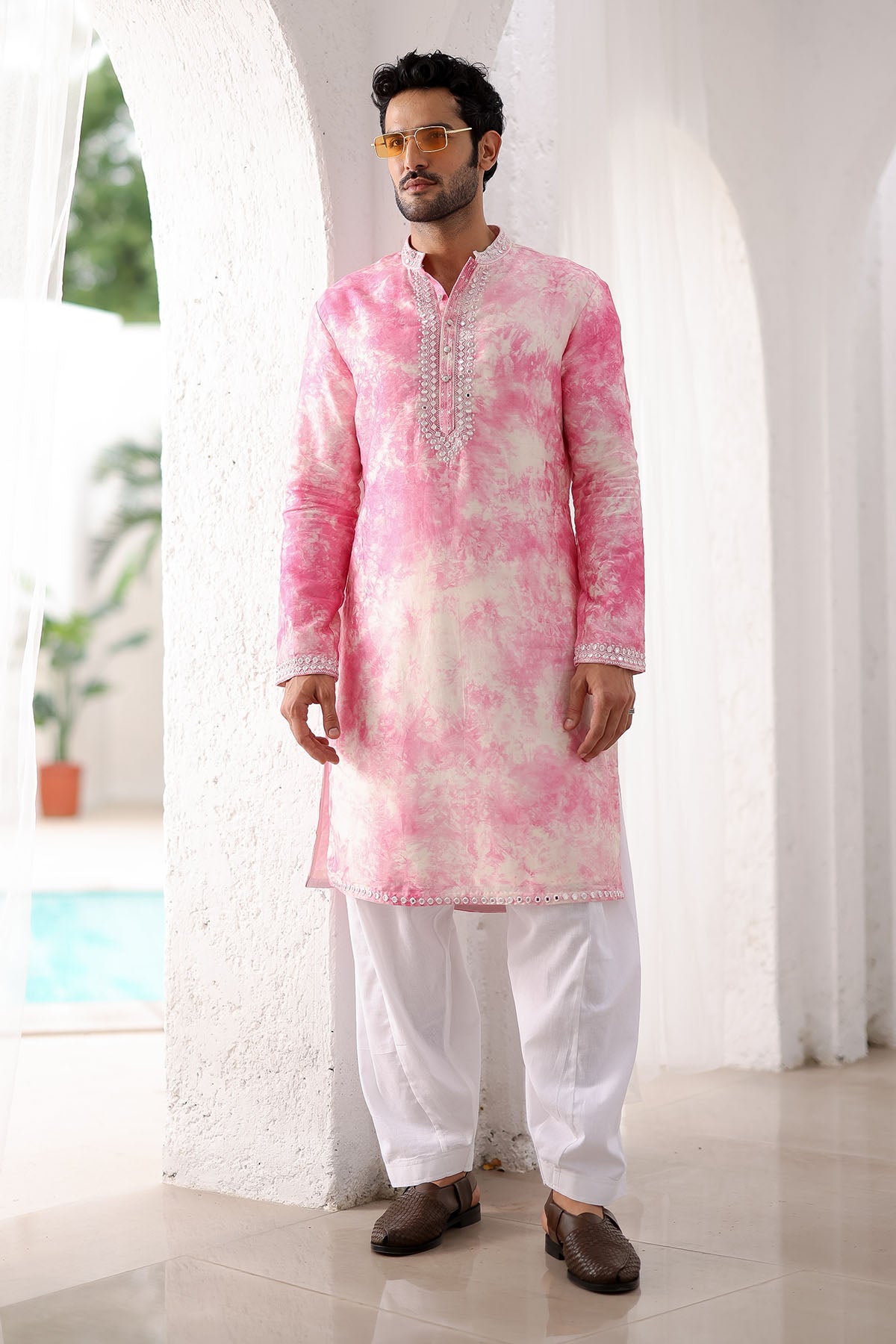 Pink Tie-dye Mirror Work Kurta Set