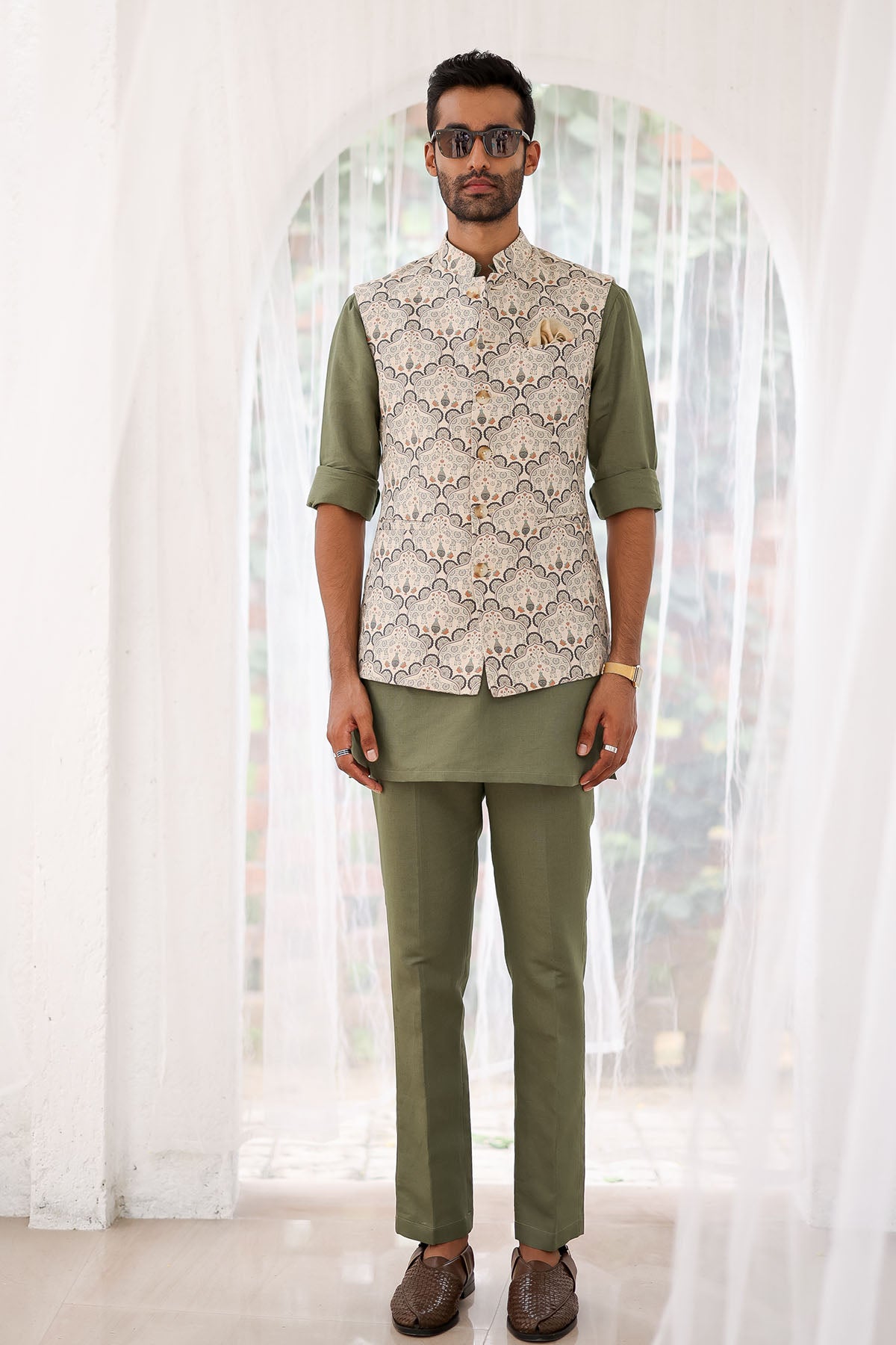 Sage Green Paisley Printed Bundi Set