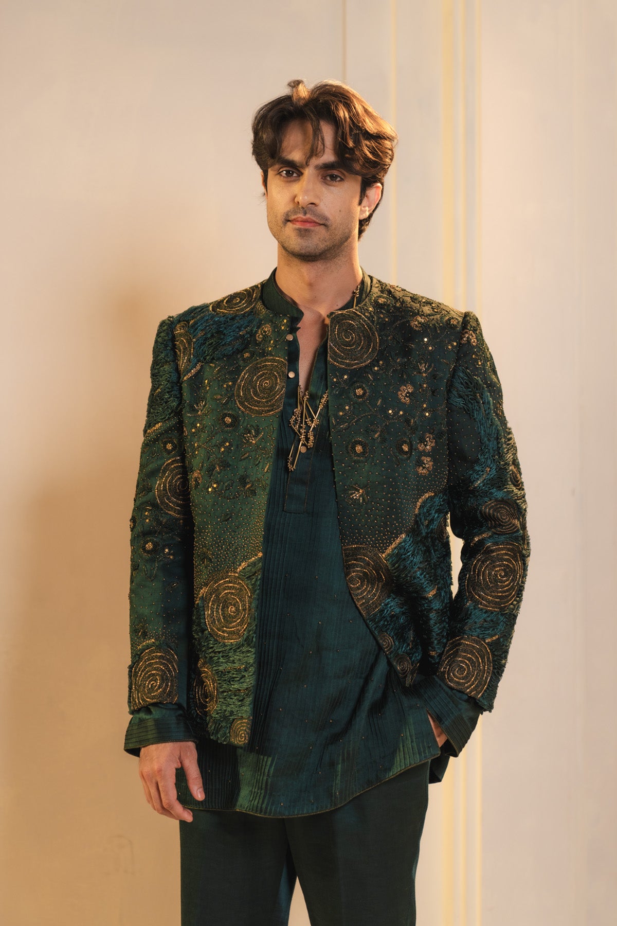 Forest Green Hand Embroidered Short Jacket Set