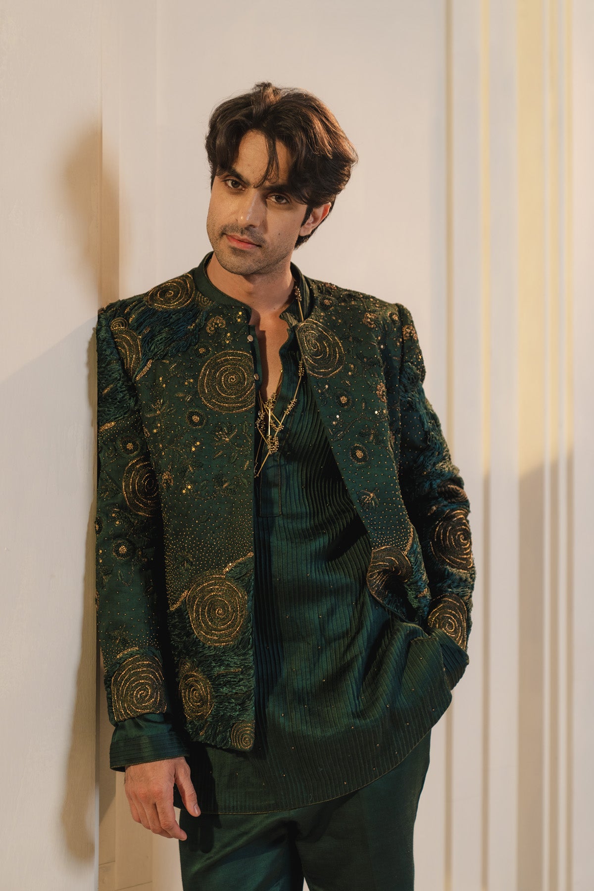 Forest Green Hand Embroidered Short Jacket Set