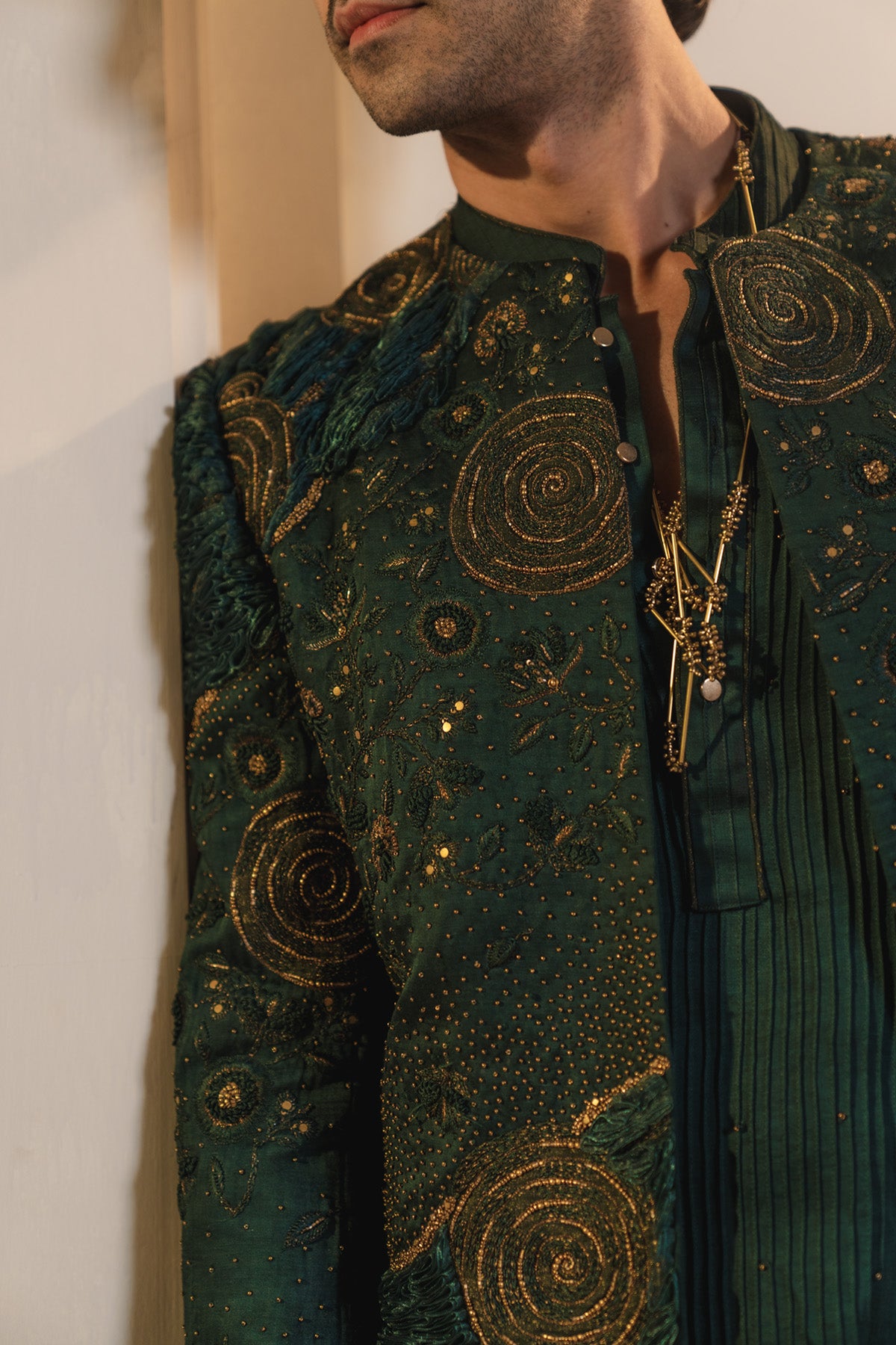 Forest Green Hand Embroidered Short Jacket Set