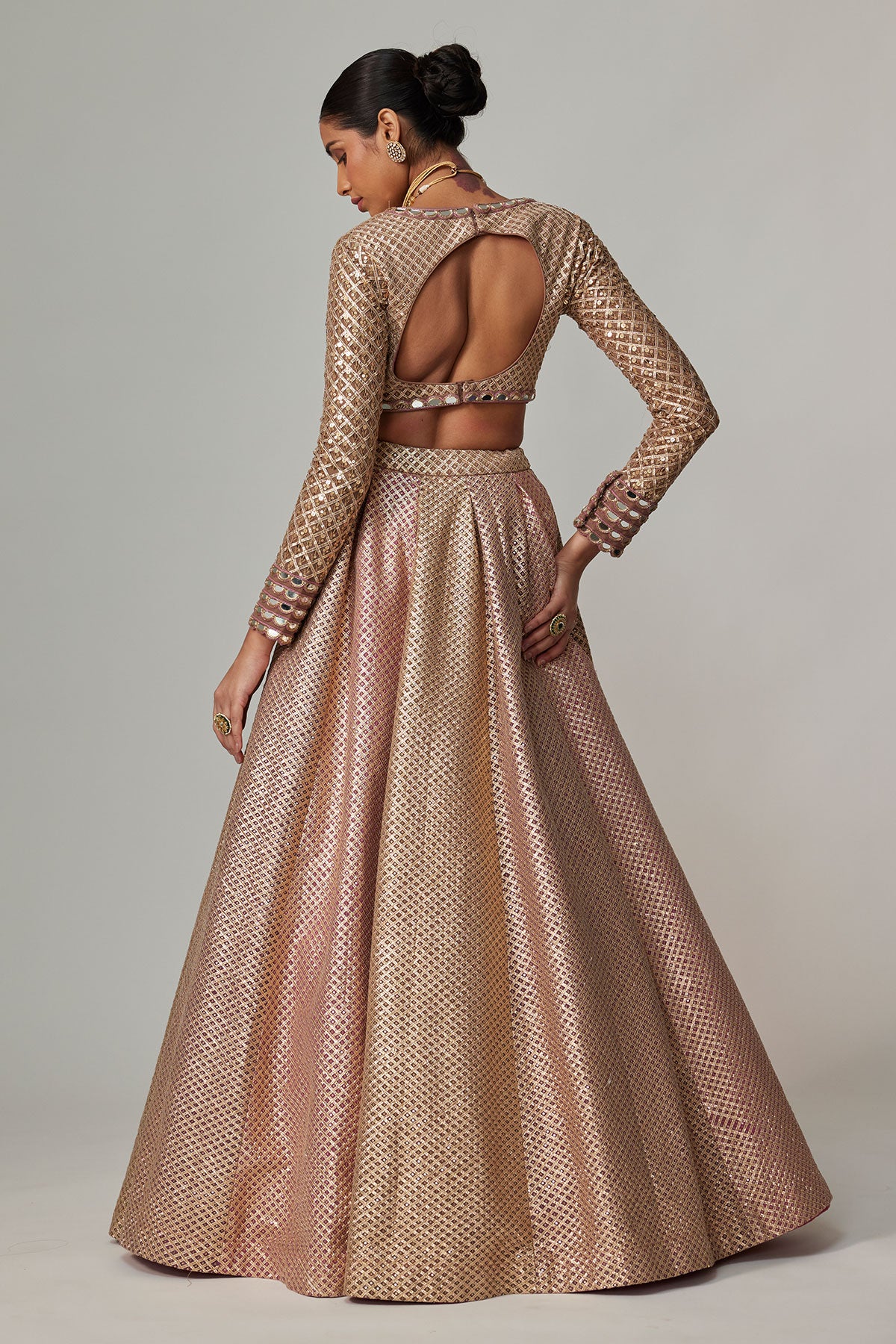 Deep Beige Multicolor Skirt With V Neck Full Sleeve Blouse