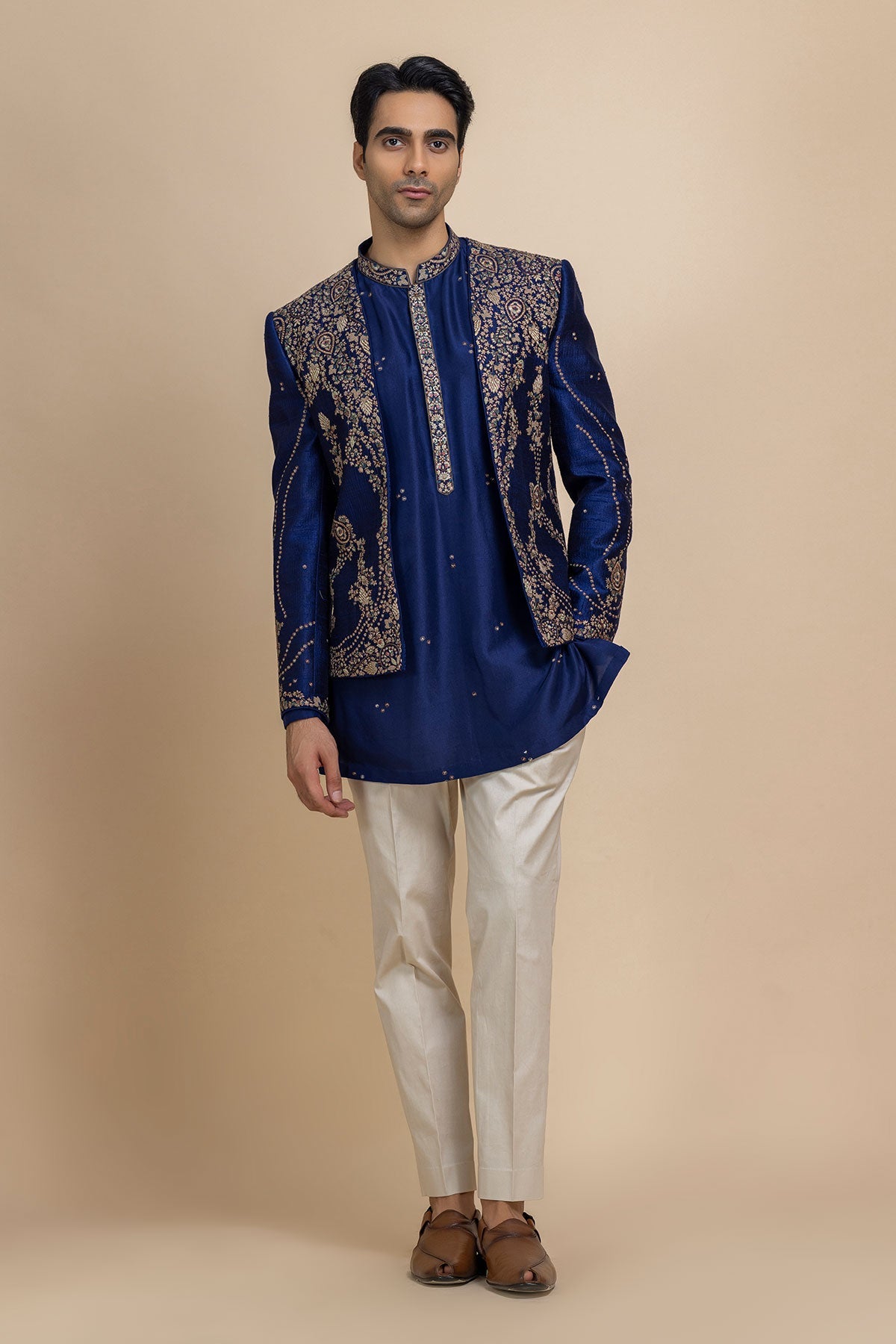 Sterling Royal Blue Open Jacket, Kurta & Pant Set