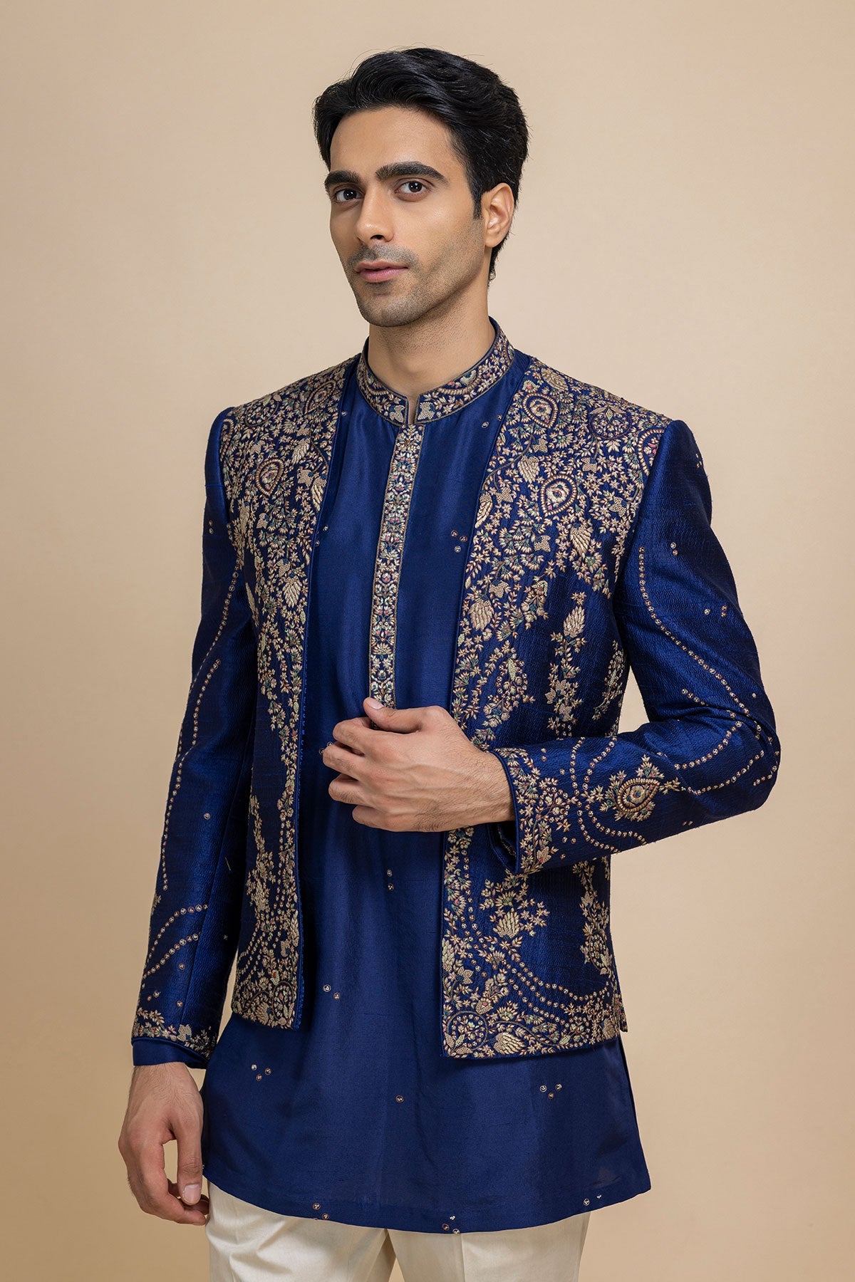 Sterling Royal Blue Open Jacket, Kurta & Pant Set