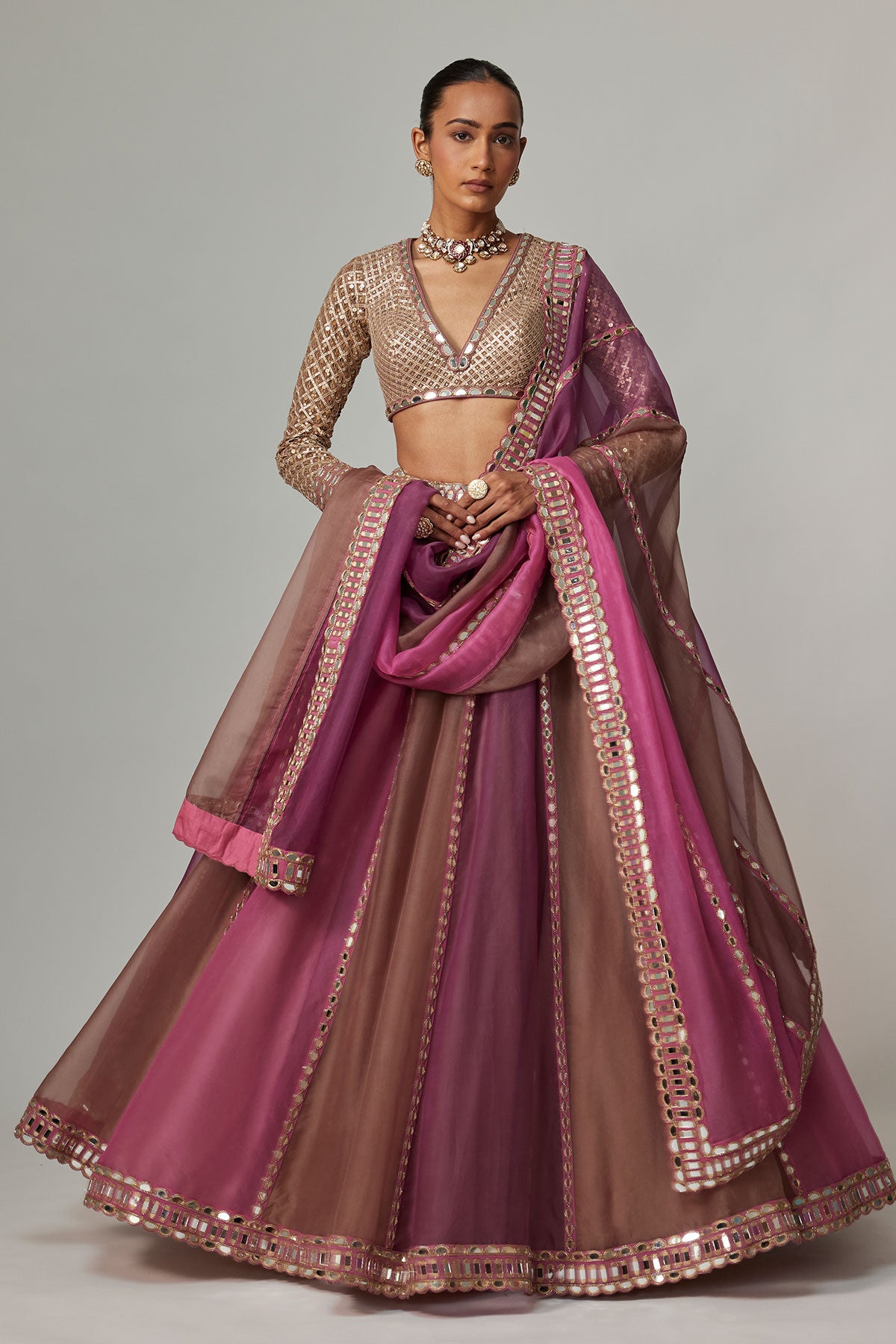 Mud Mauve Multicolor Lehenga With V Neck Blouse