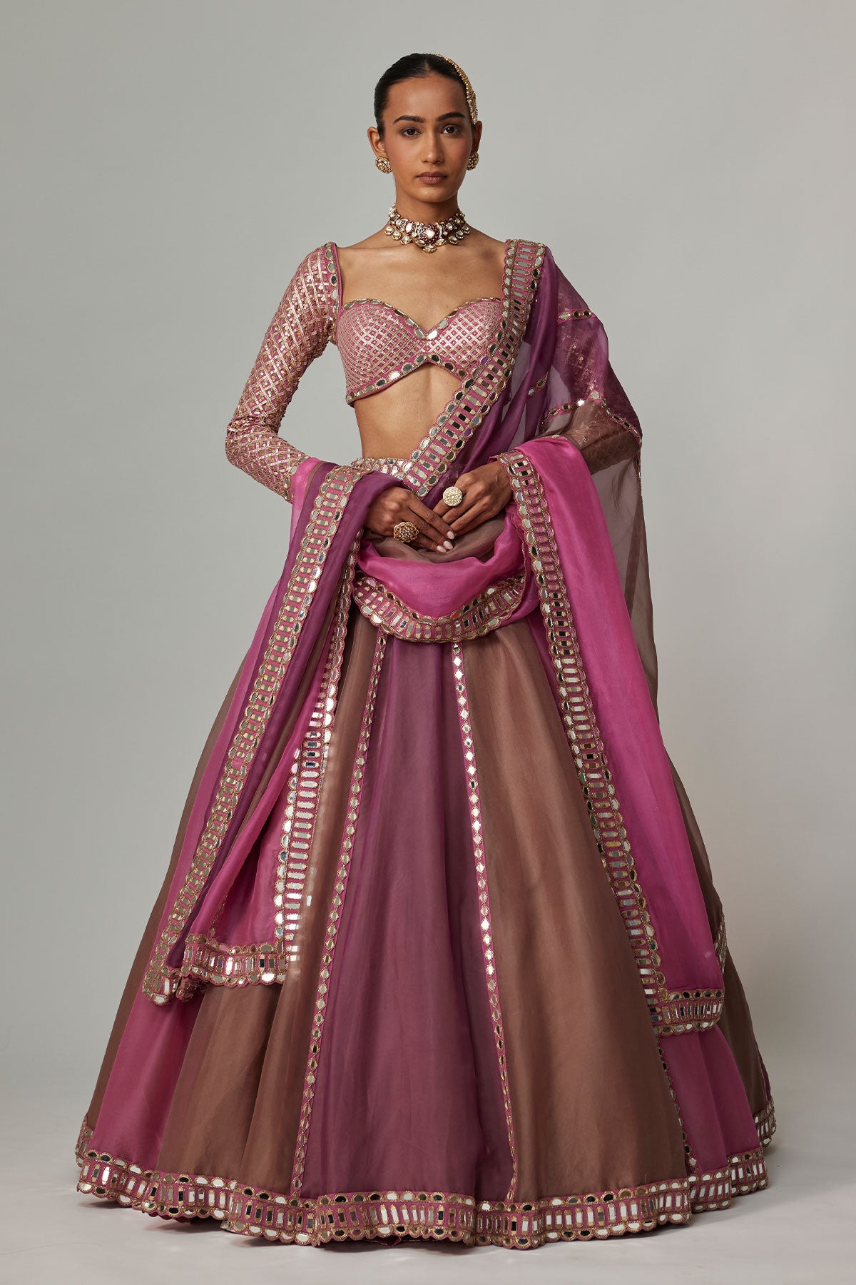 Mud Mauve Multicolor Lehenga With Elbow Sleeve Blouse