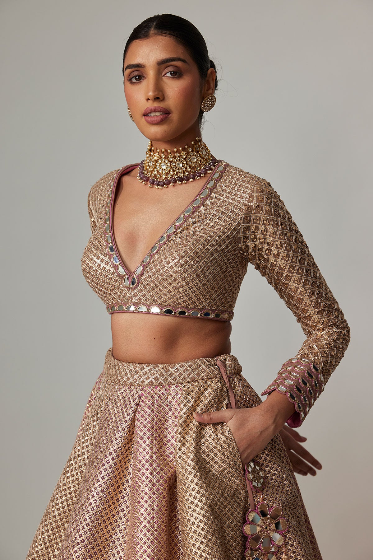 Deep Beige Multicolor V Neck Crop Top With Skirt