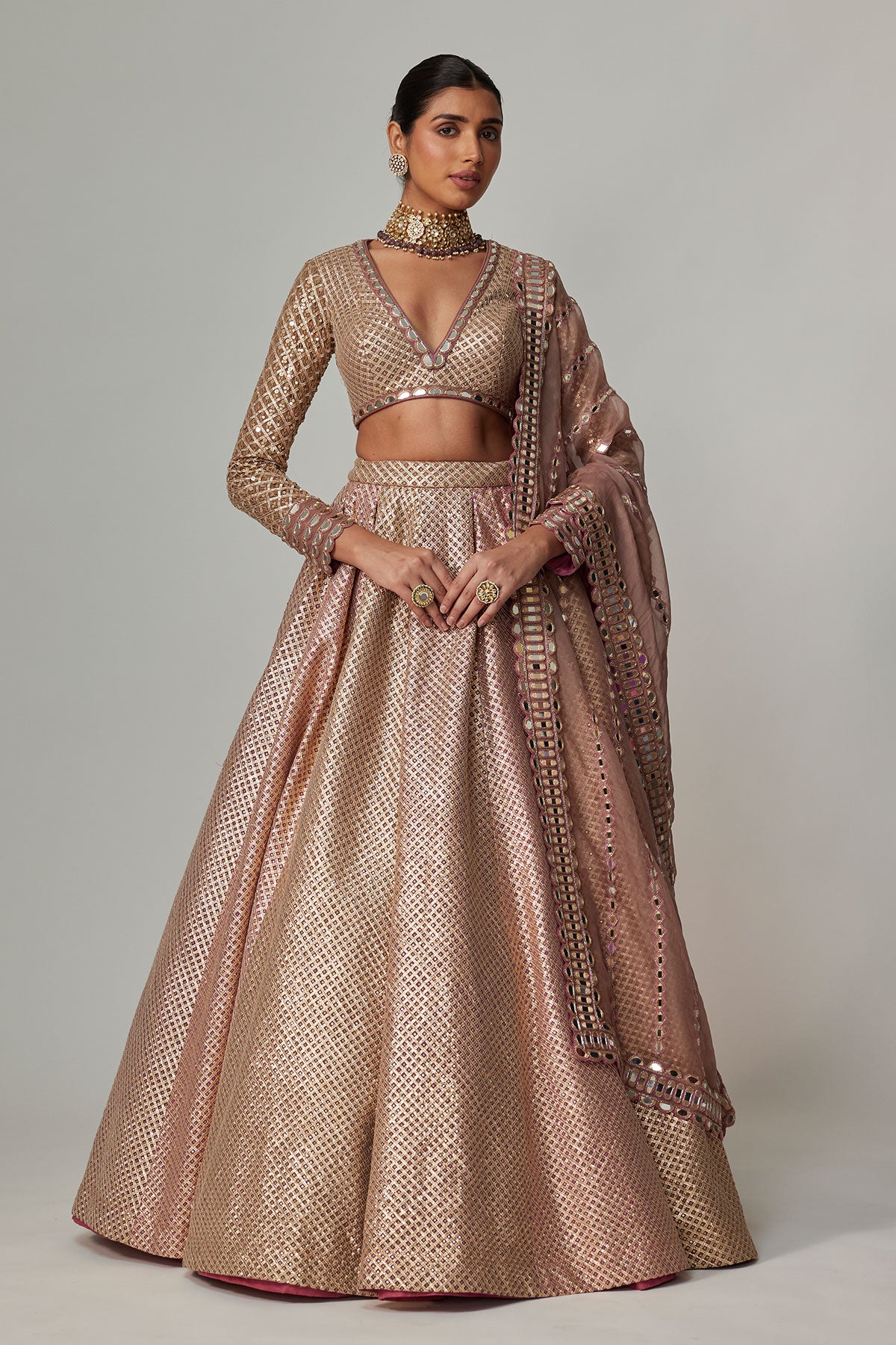 Deep Beige Multicolor Skirt With V Neck Full Sleeve Blouse