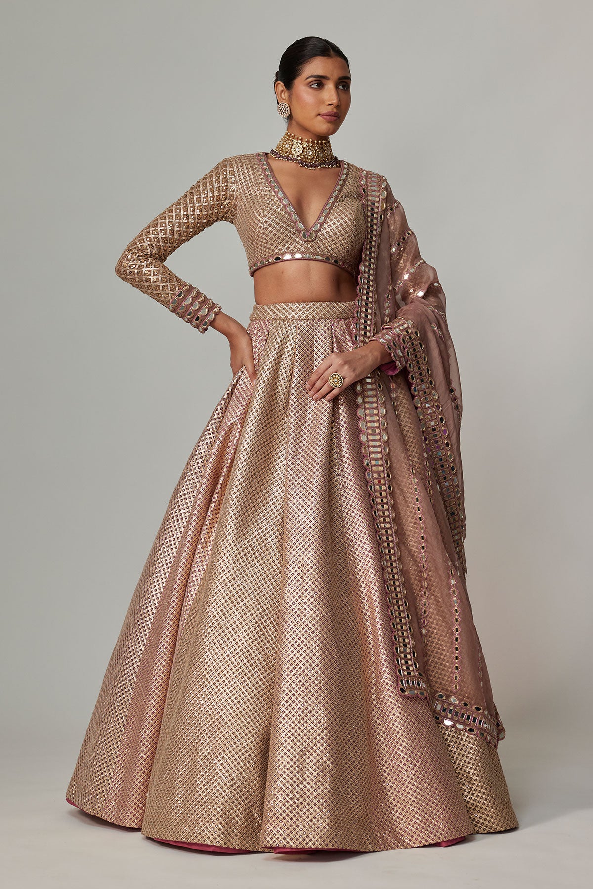 Deep Beige Multicolor Skirt With V Neck Full Sleeve Blouse