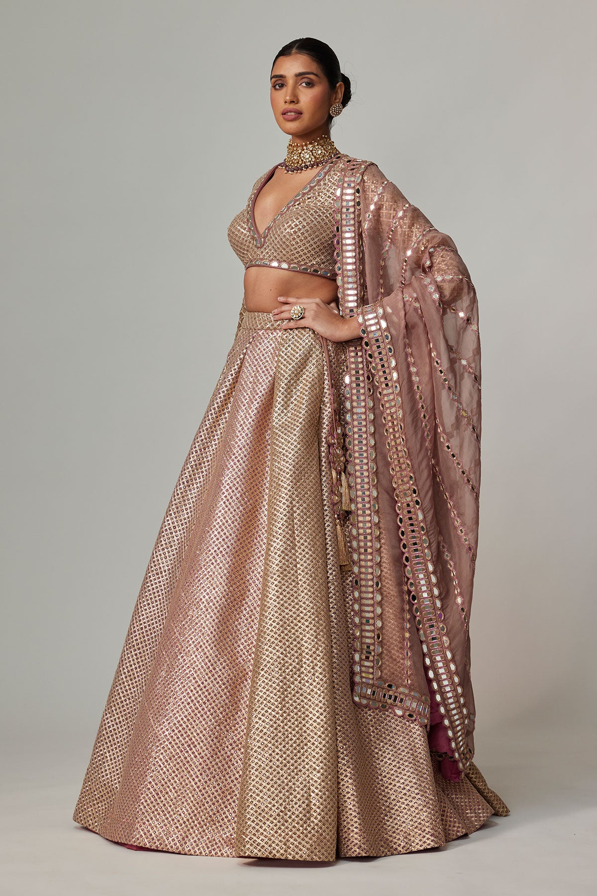 Deep Beige Multicolor Skirt With V Neck Full Sleeve Blouse