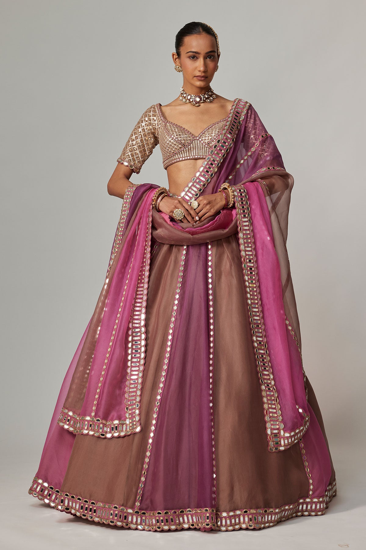 Mud Mauve Multicolor Lehenga With Elbow Sleeve Blouse