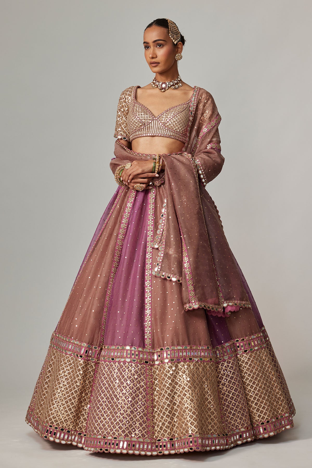 Mud Mauve Multicolor Sequin Scatter Lehenga With Elbow Sleeve Blouse