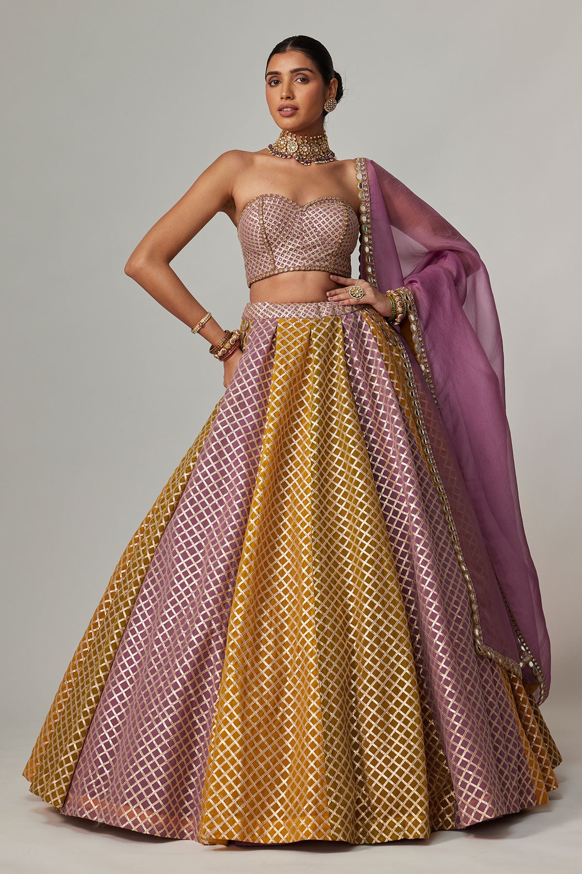 Mustard Multicolor Corset Skirt With Dupatta Set