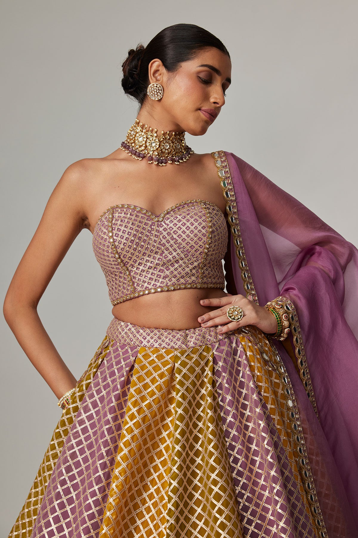 Mustard Multicolor Corset Skirt With Dupatta Set