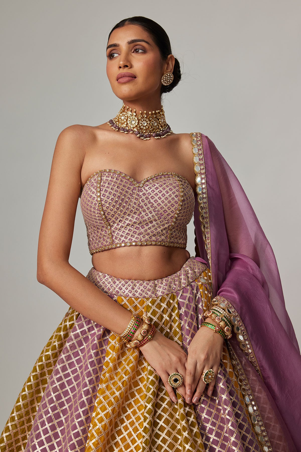 Mustard Multicolor Corset Skirt With Dupatta Set