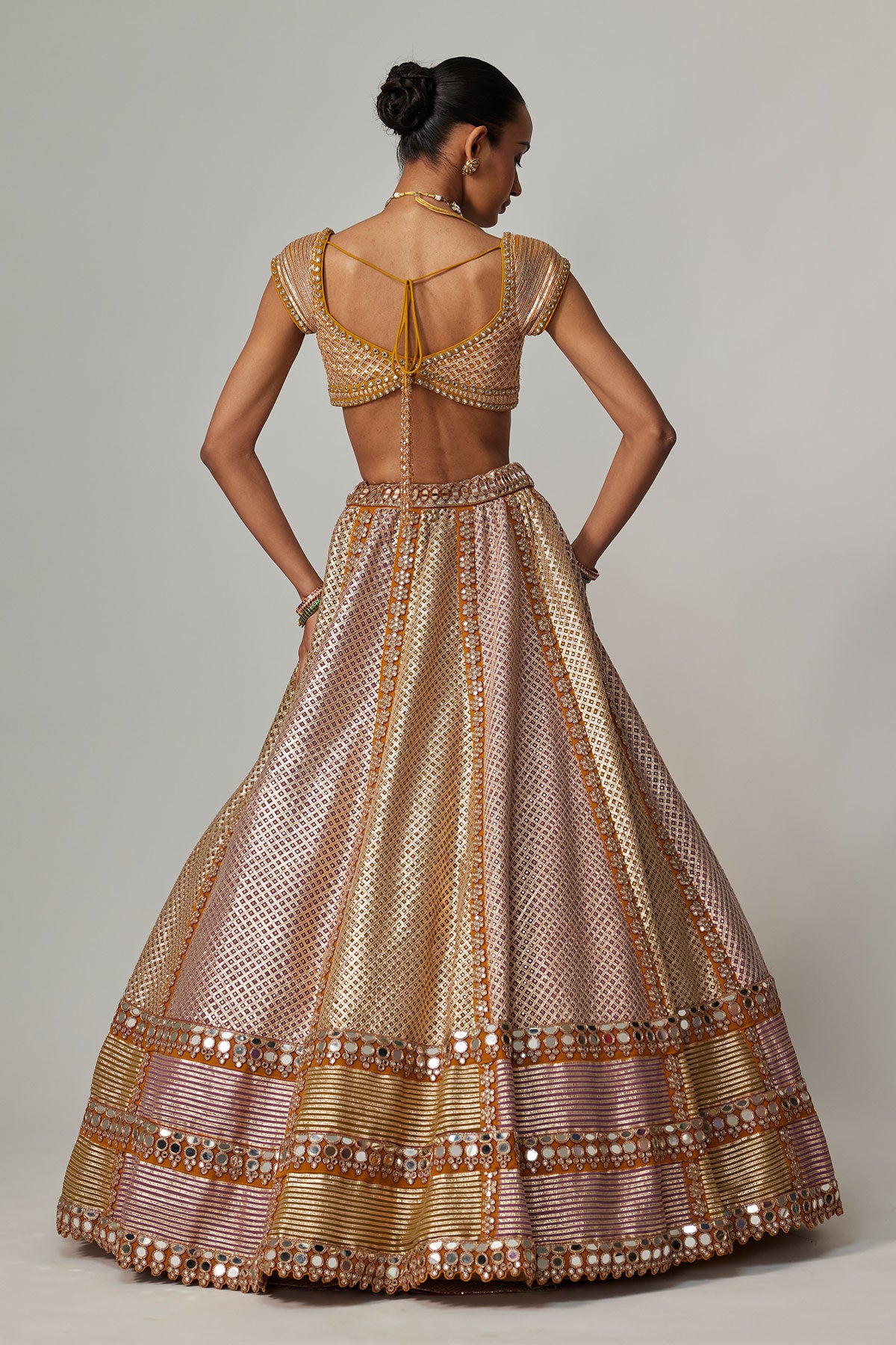 Mustard Multicolor Heavy Metallic Lehenga With Mud Mauve Dupatta