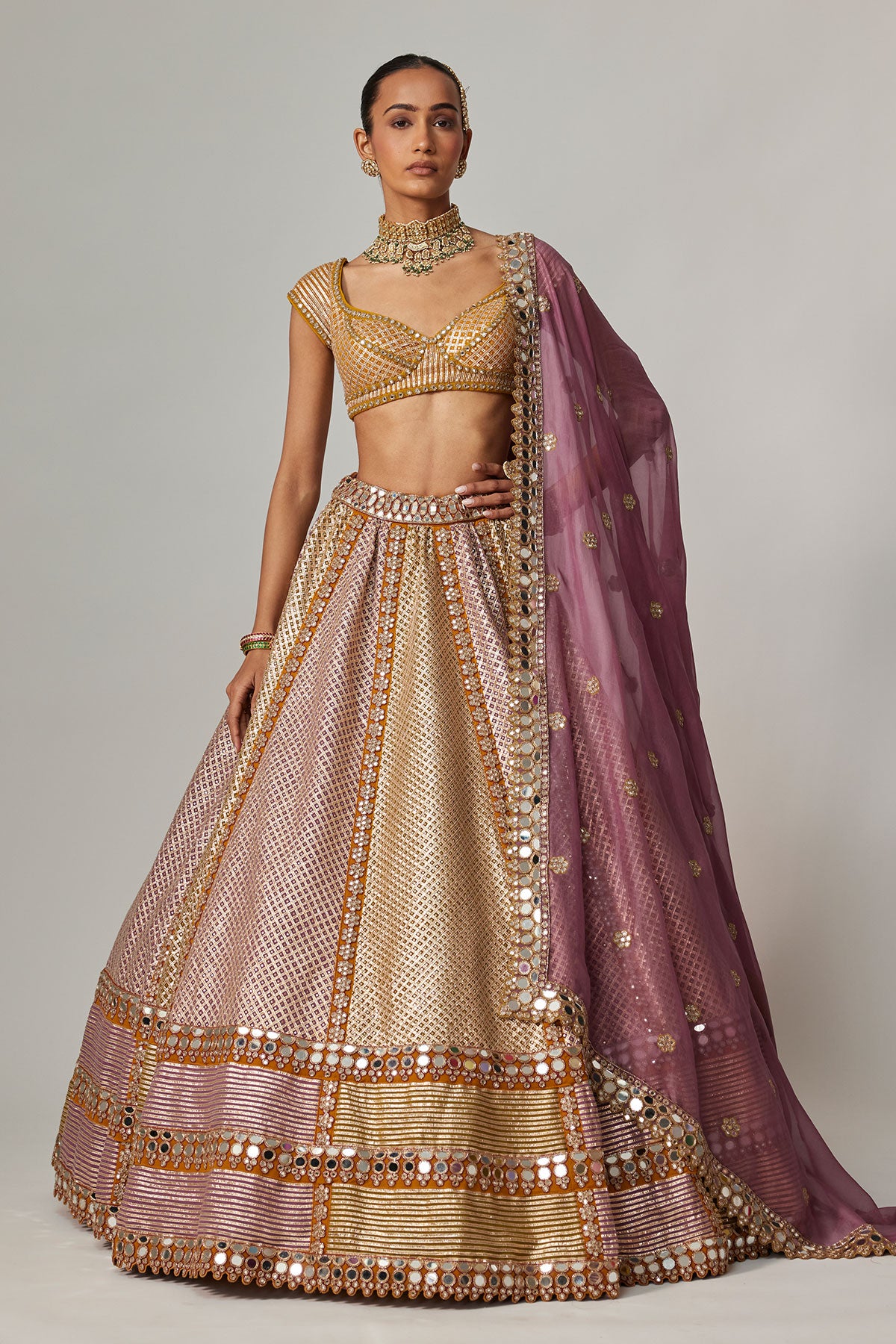 Mustard Multicolor Heavy Metallic Lehenga With Mud Mauve Dupatta