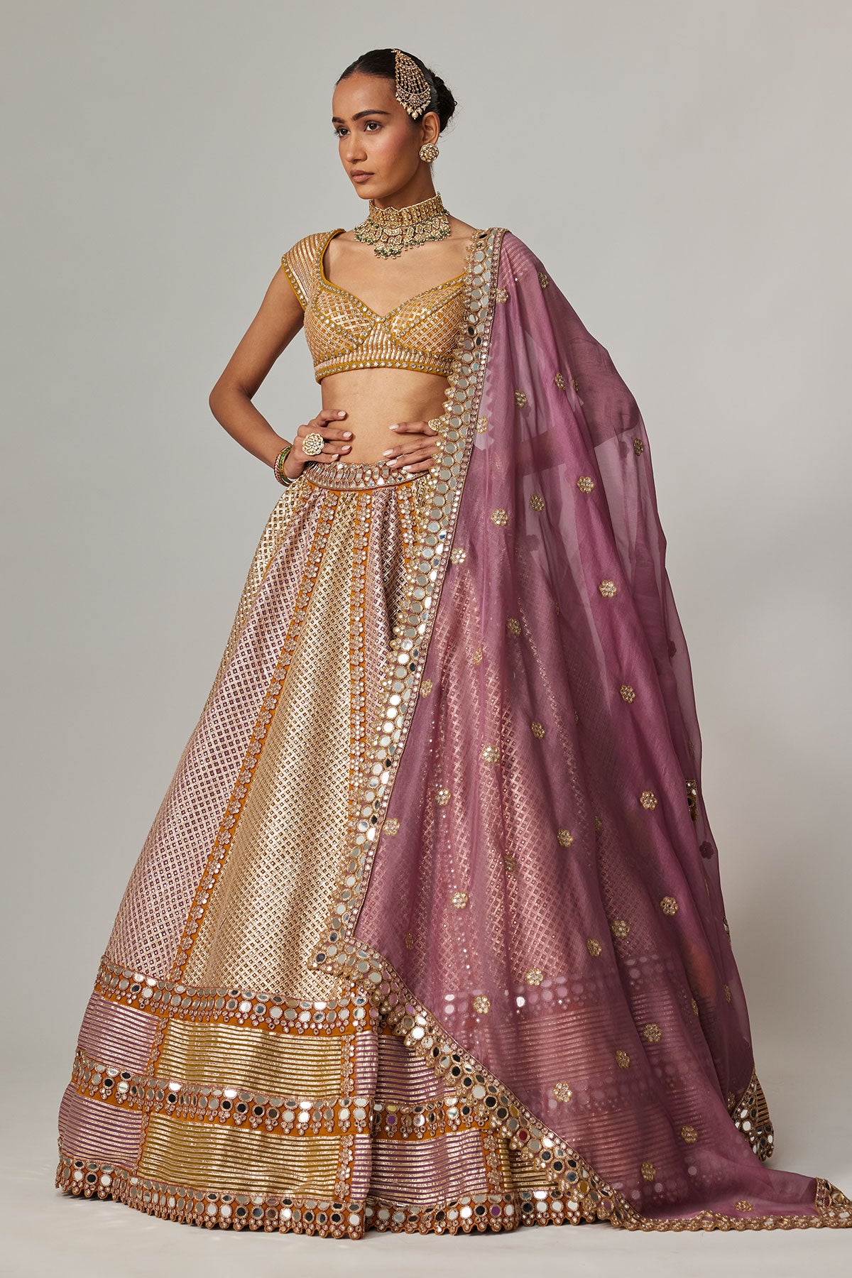 Mustard Multicolor Heavy Metallic Lehenga With Mud Mauve Dupatta
