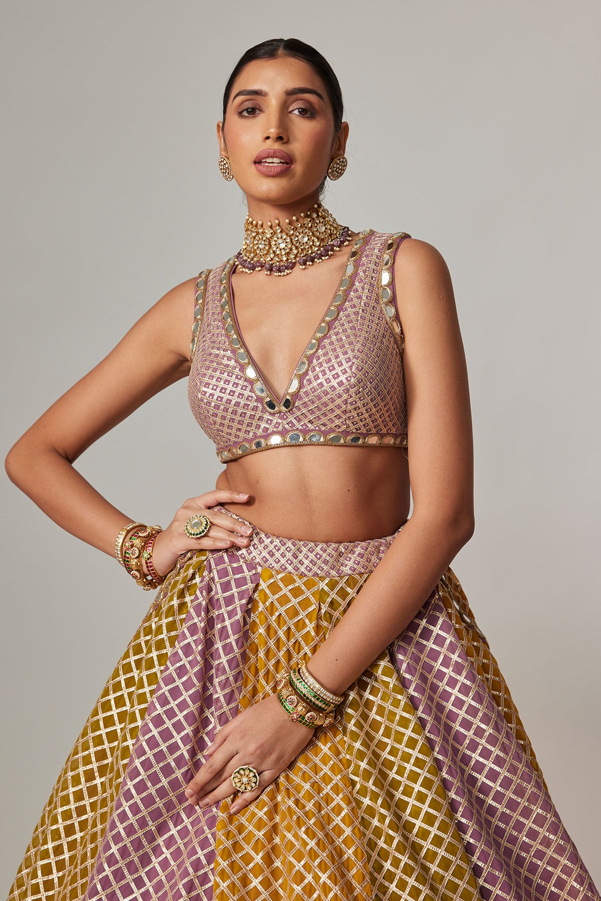 Mustard Multicolor Crop Top With Skirt