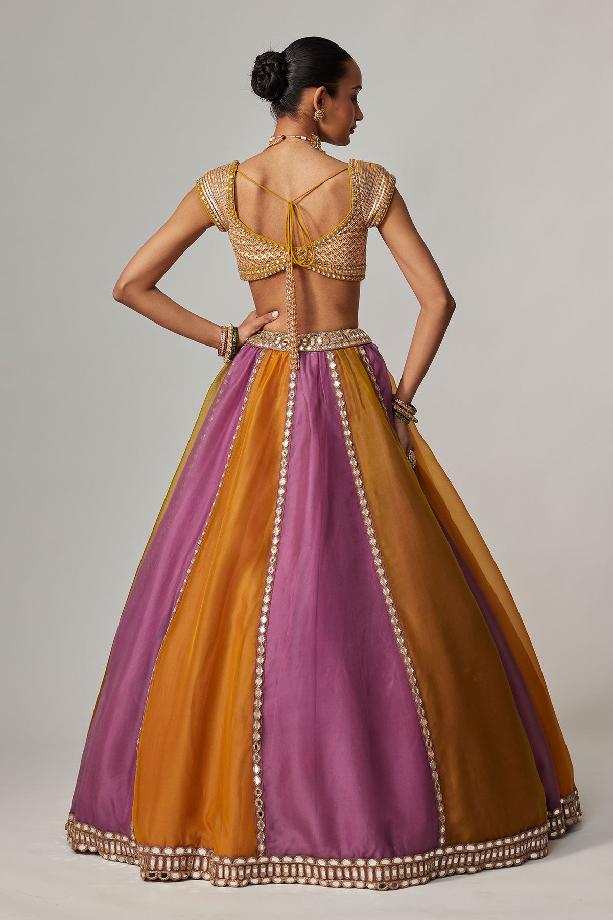 Mustard Multicolor Linear Lehenga With Cap Sleeve Blouse