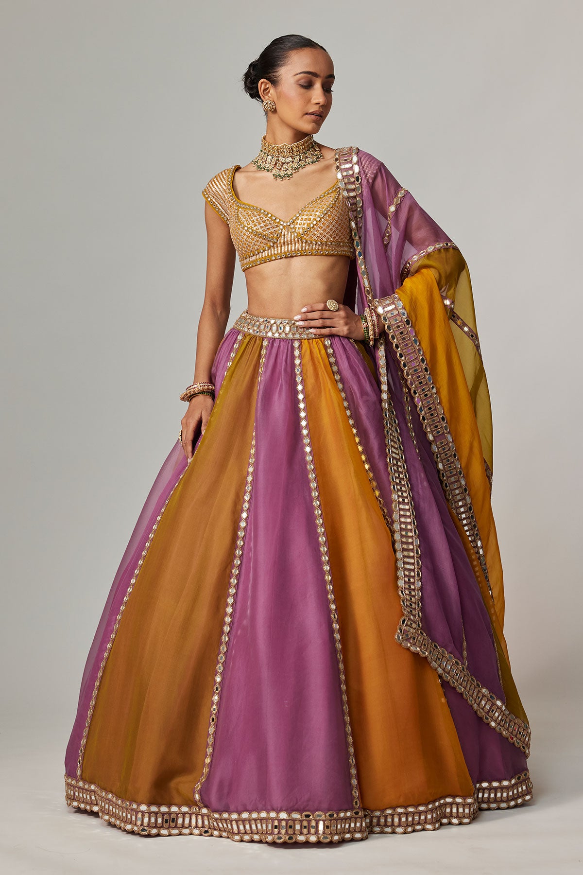 Mustard Multicolor Linear Lehenga With Cap Sleeve Blouse