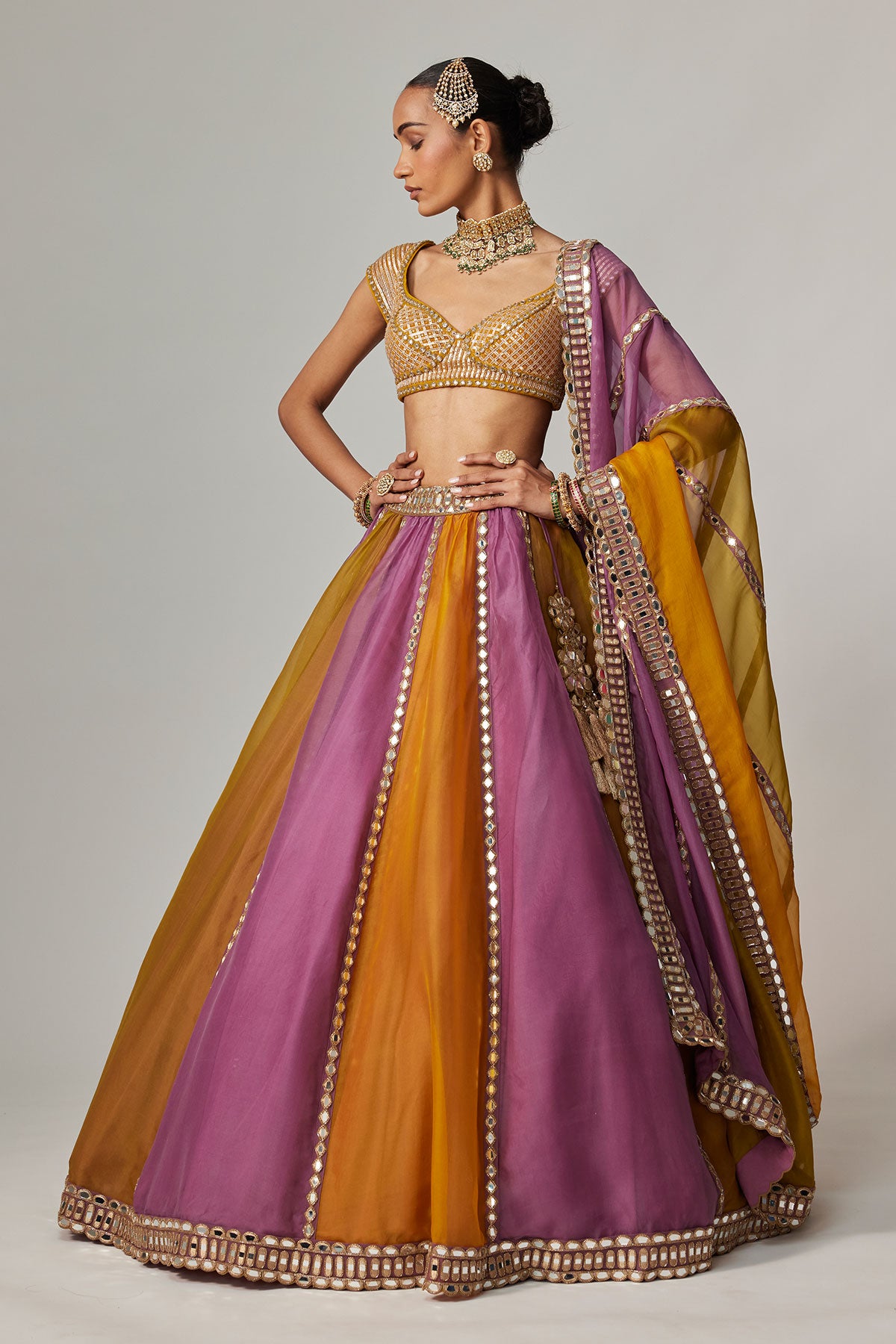Mustard Multicolor Linear Lehenga With Cap Sleeve Blouse