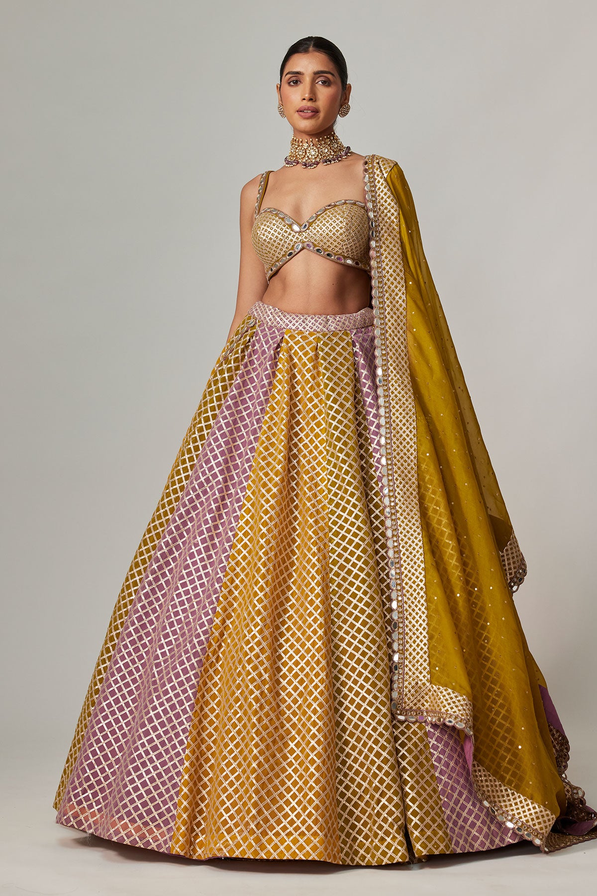 Mustard Multicolor Big Check Lehenga Set
