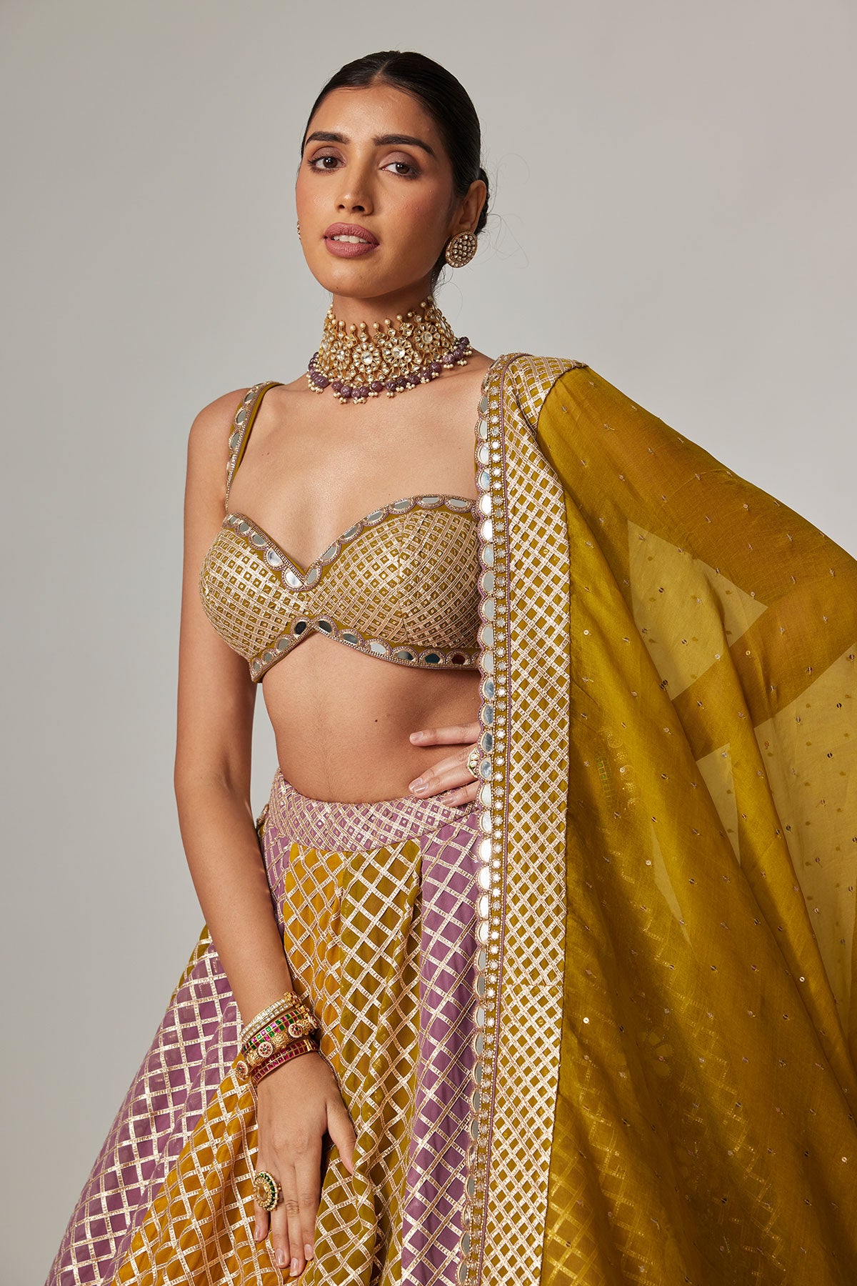 Mustard Multicolor Big Check Lehenga Set