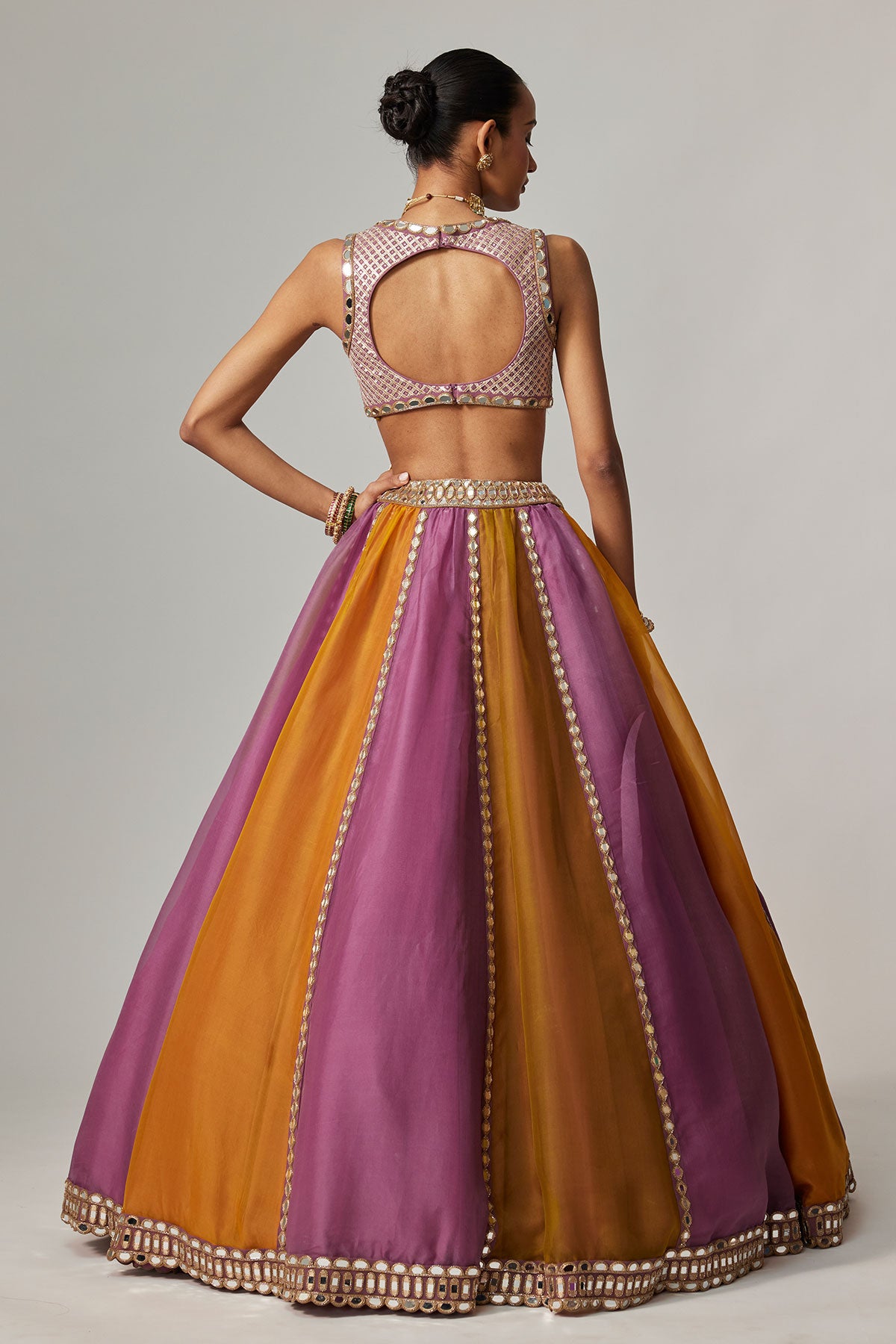 Mustard Multicolor Linear Lehenga With V Neck Blouse