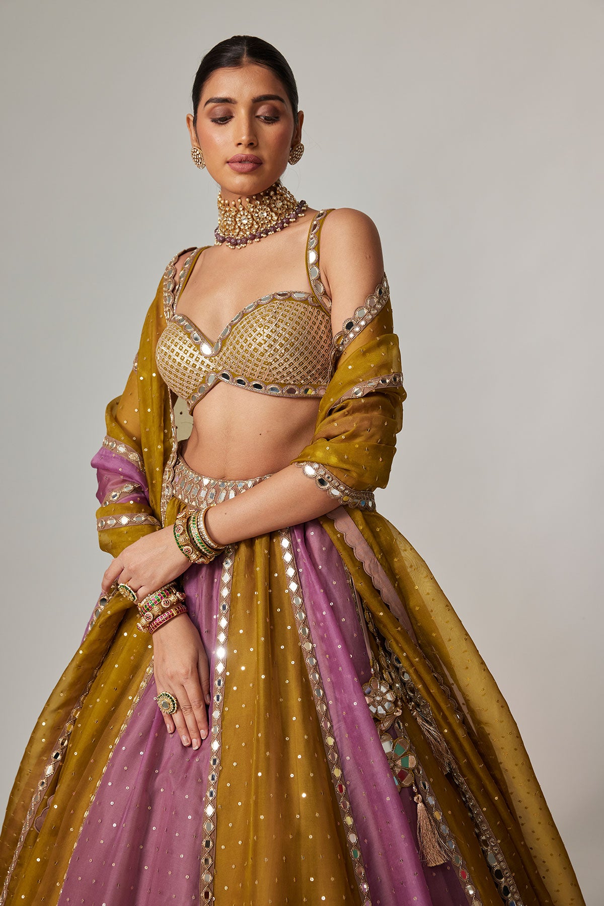 Green Multicolor Sequin Scatter Lehenga Set