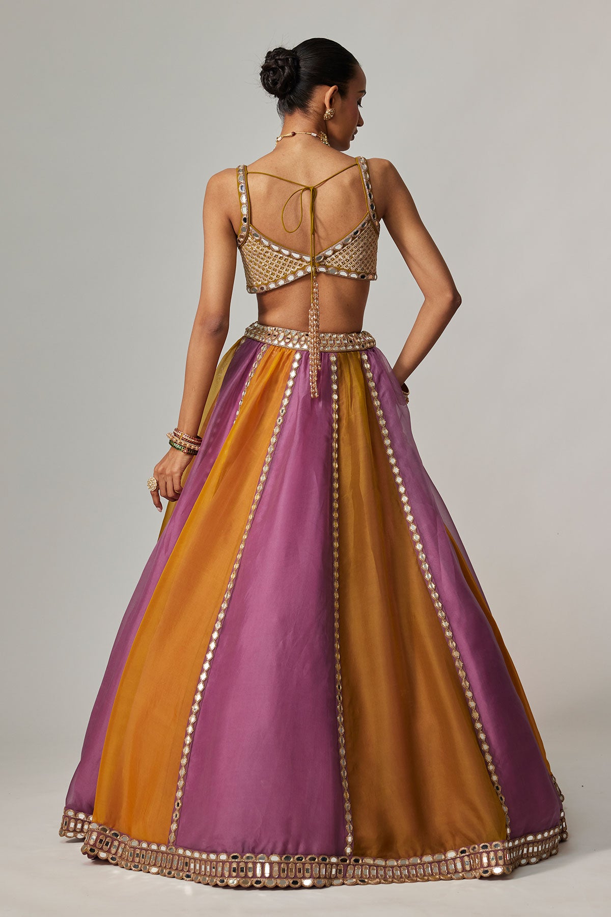 Mustard Multicolor Linear Lehenga With Sweetheart Neck Blouse