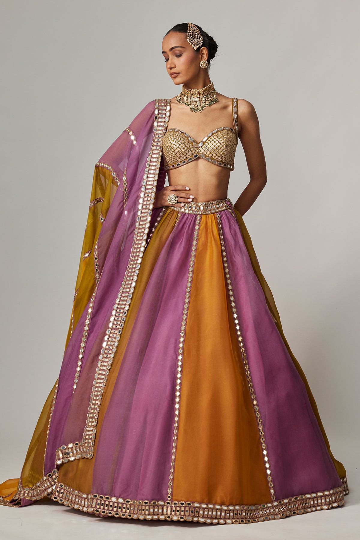 Mustard Multicolor Linear Lehenga With Sweetheart Neck Blouse