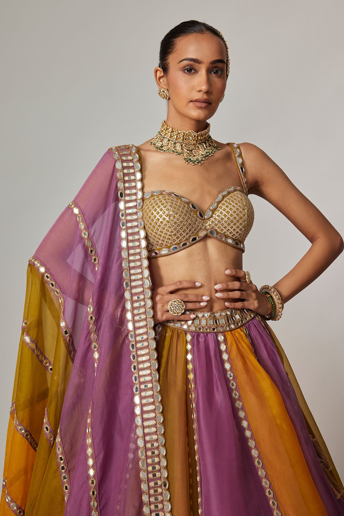 Mustard Multicolor Linear Lehenga With Sweetheart Neck Blouse