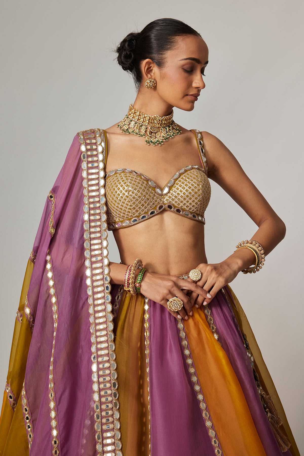Mustard Multicolor Linear Lehenga With Sweetheart Neck Blouse