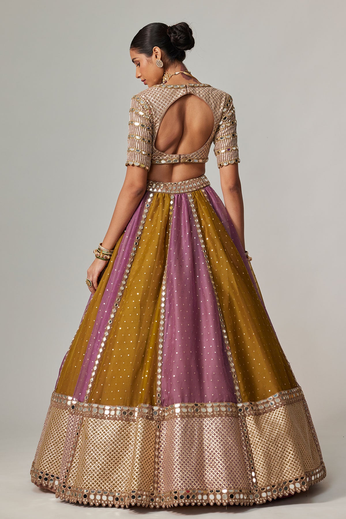 Green Multicolor Sequin Scatter Lehenga With V Neck Elbow Sleeve Blouse