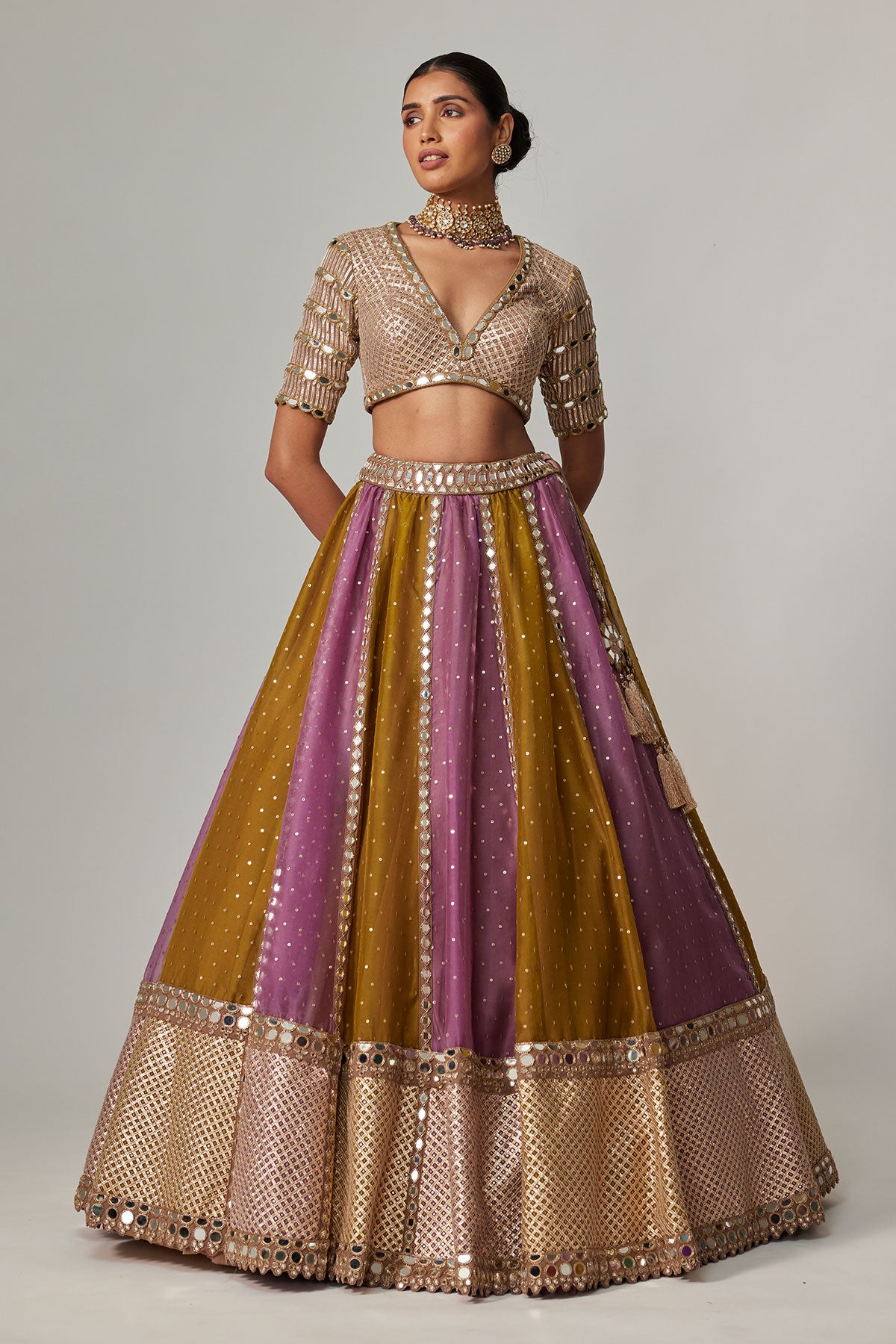 Green Multicolor Sequin Scatter Lehenga With V Neck Elbow Sleeve Blouse