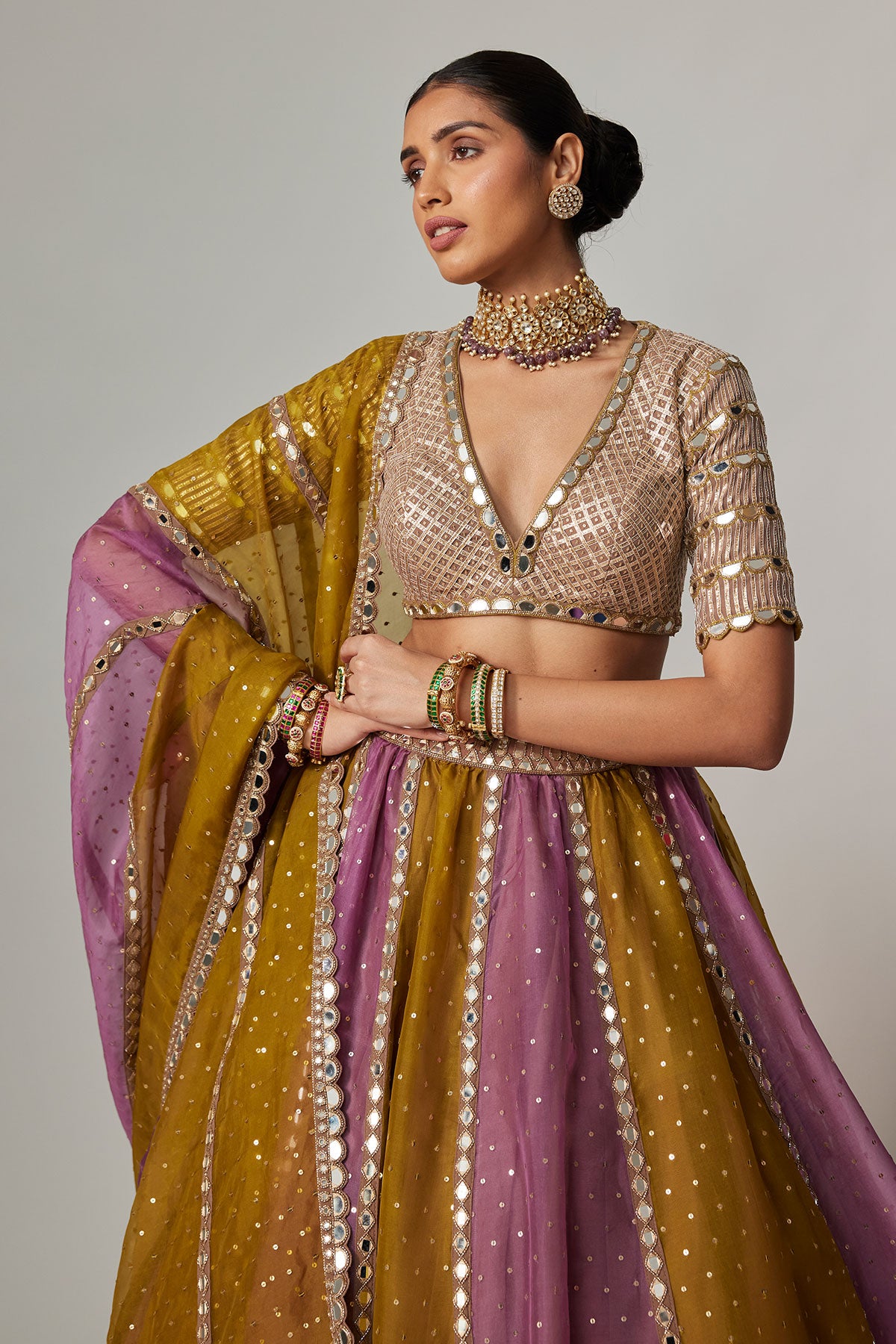 Green Multicolor Sequin Scatter Lehenga With V Neck Elbow Sleeve Blouse