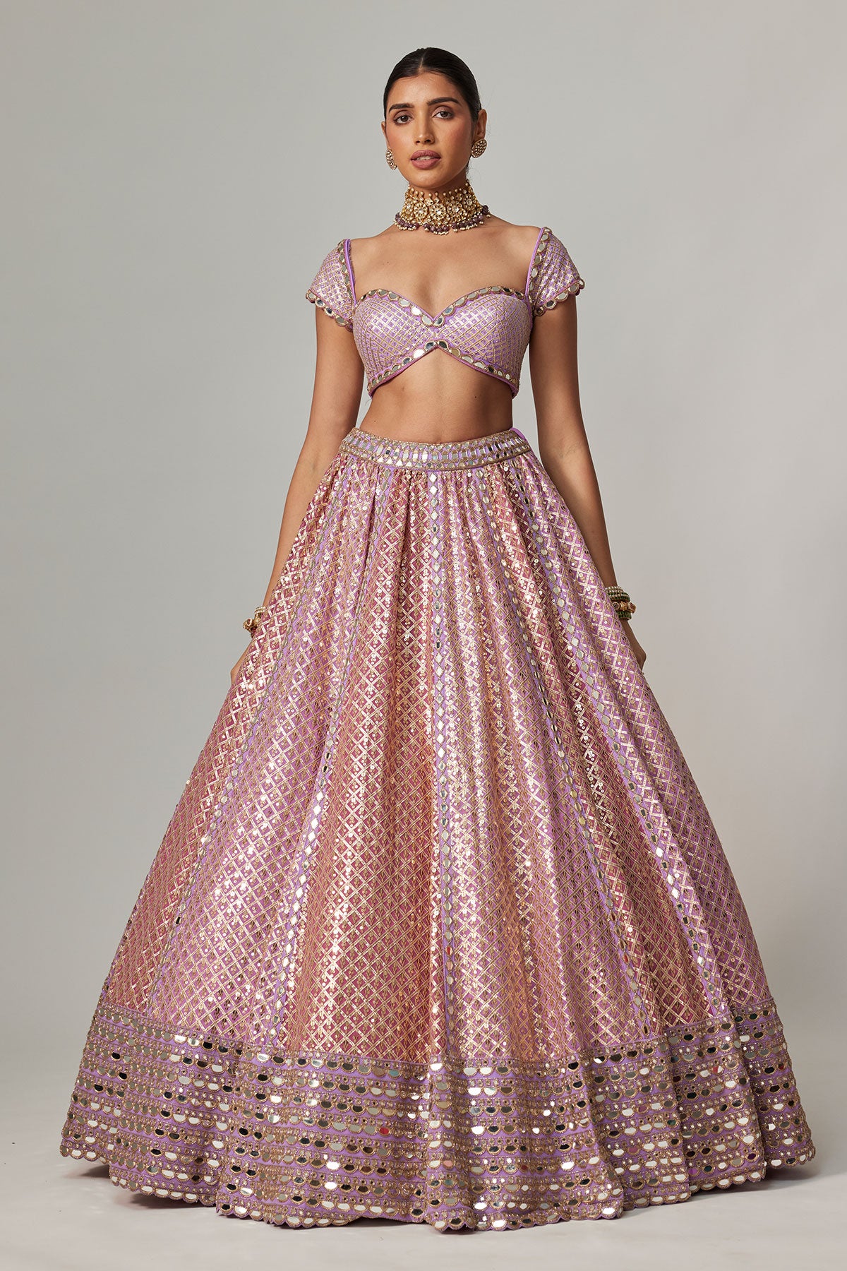 Lilac Gota Multicolor Heavy Metallic Lehenga With Cap Sleeve Blouse
