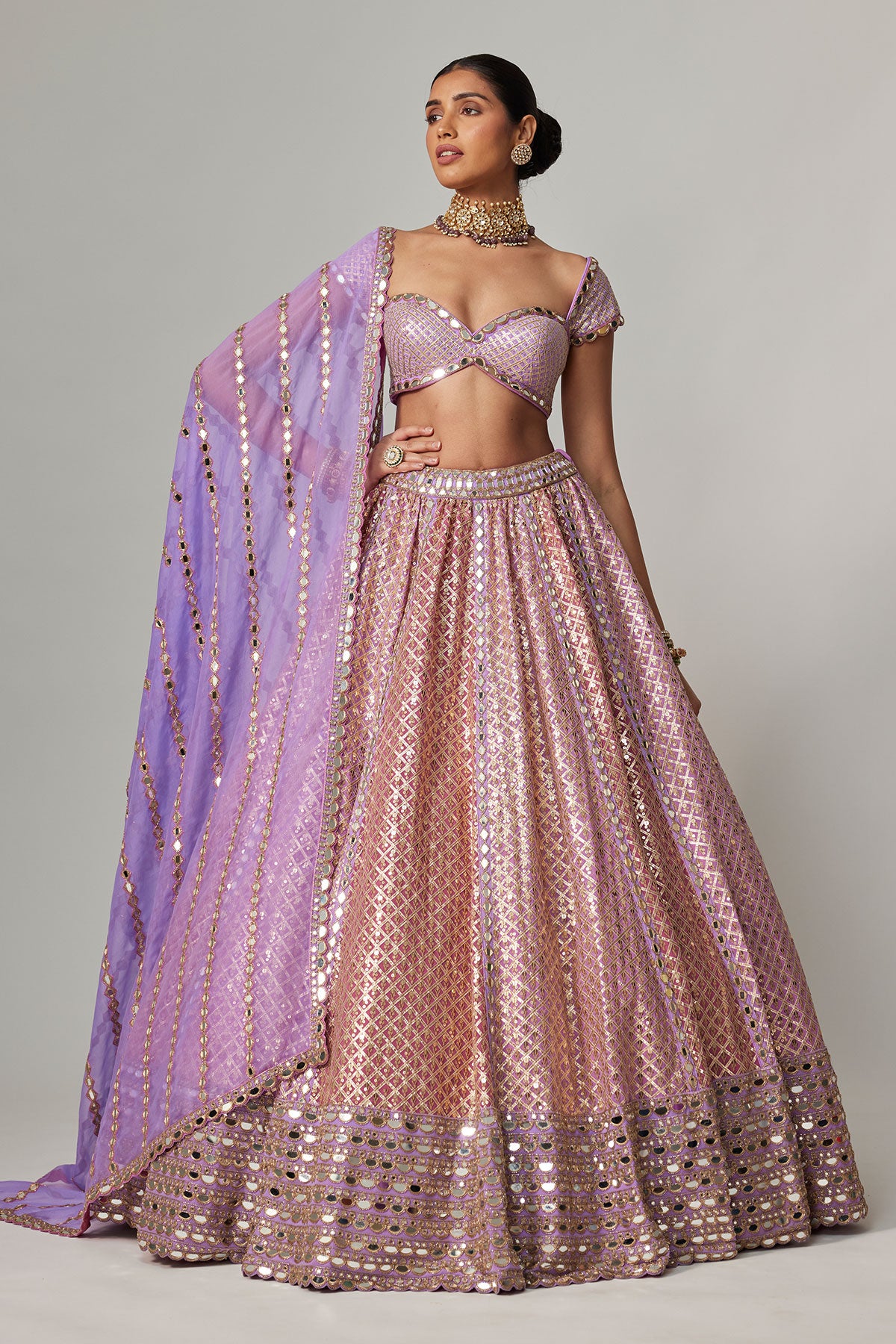Lilac Gota Multicolor Heavy Metallic Lehenga With Cap Sleeve Blouse