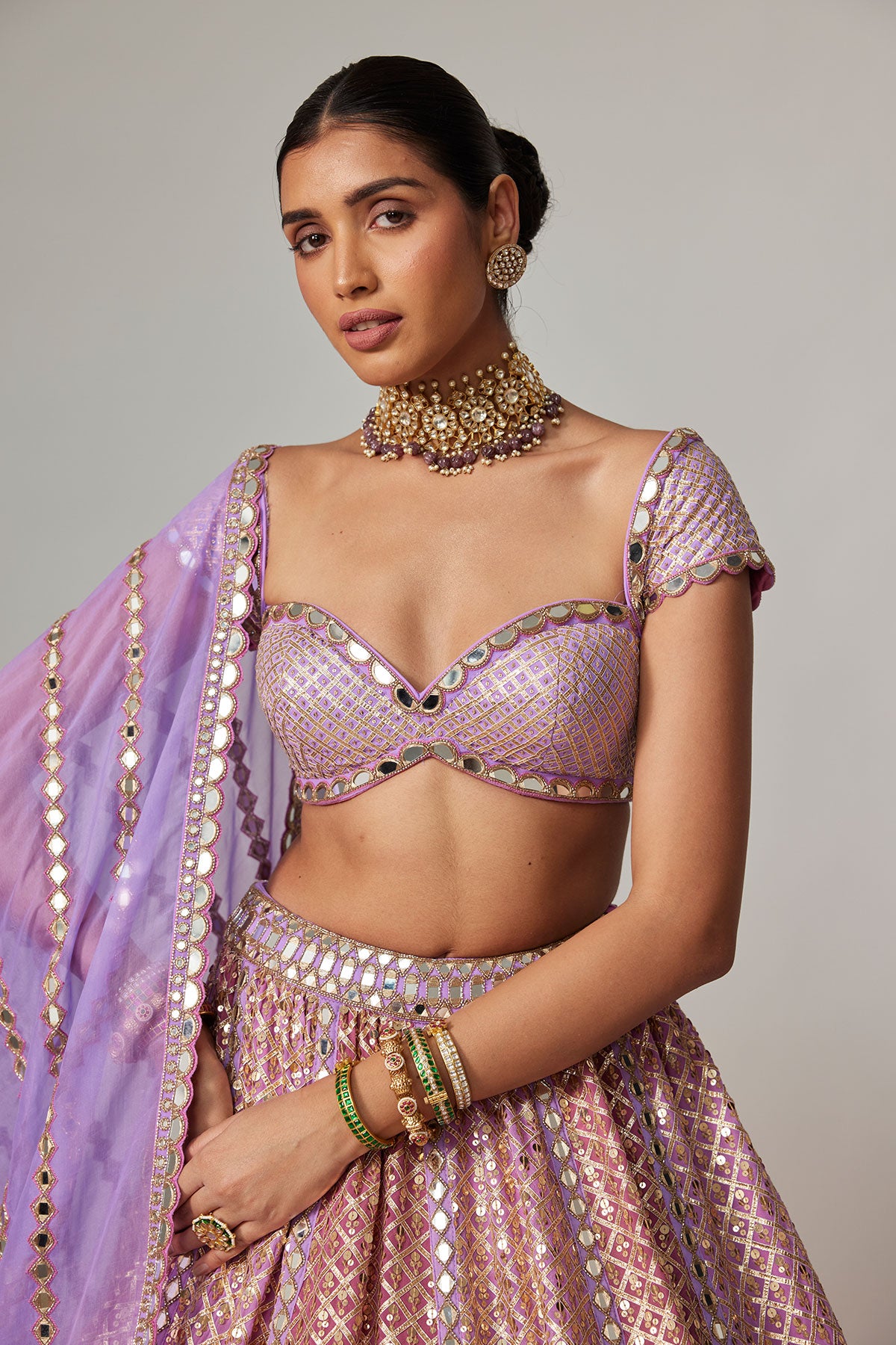 Lilac Gota Multicolor Heavy Metallic Lehenga With Cap Sleeve Blouse