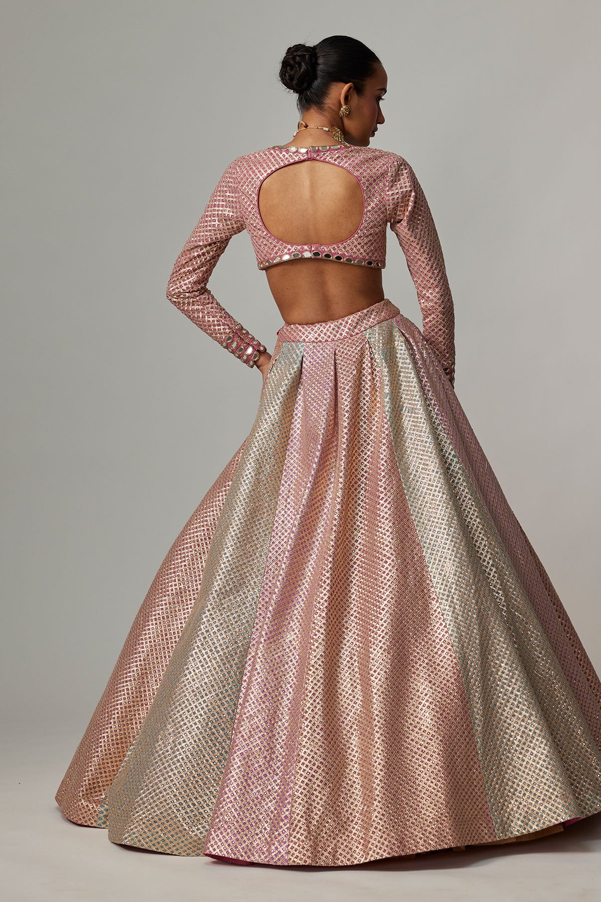 Dark Blush Multicolor Metallic Gota Crop Top Skirt