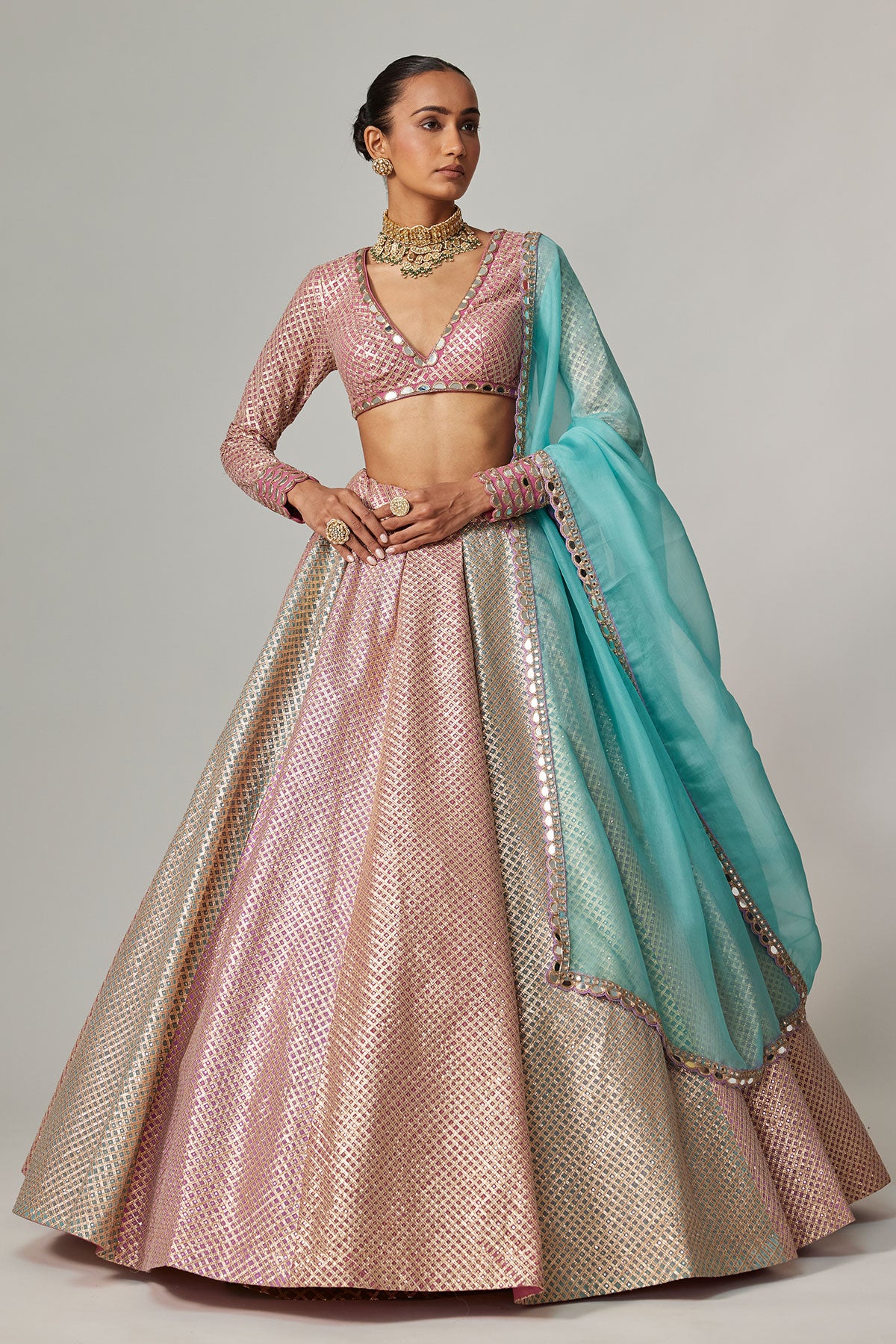 Dark Blush Multicolor Metallic Gota Crop Top Skirt With Aqua Dupatta