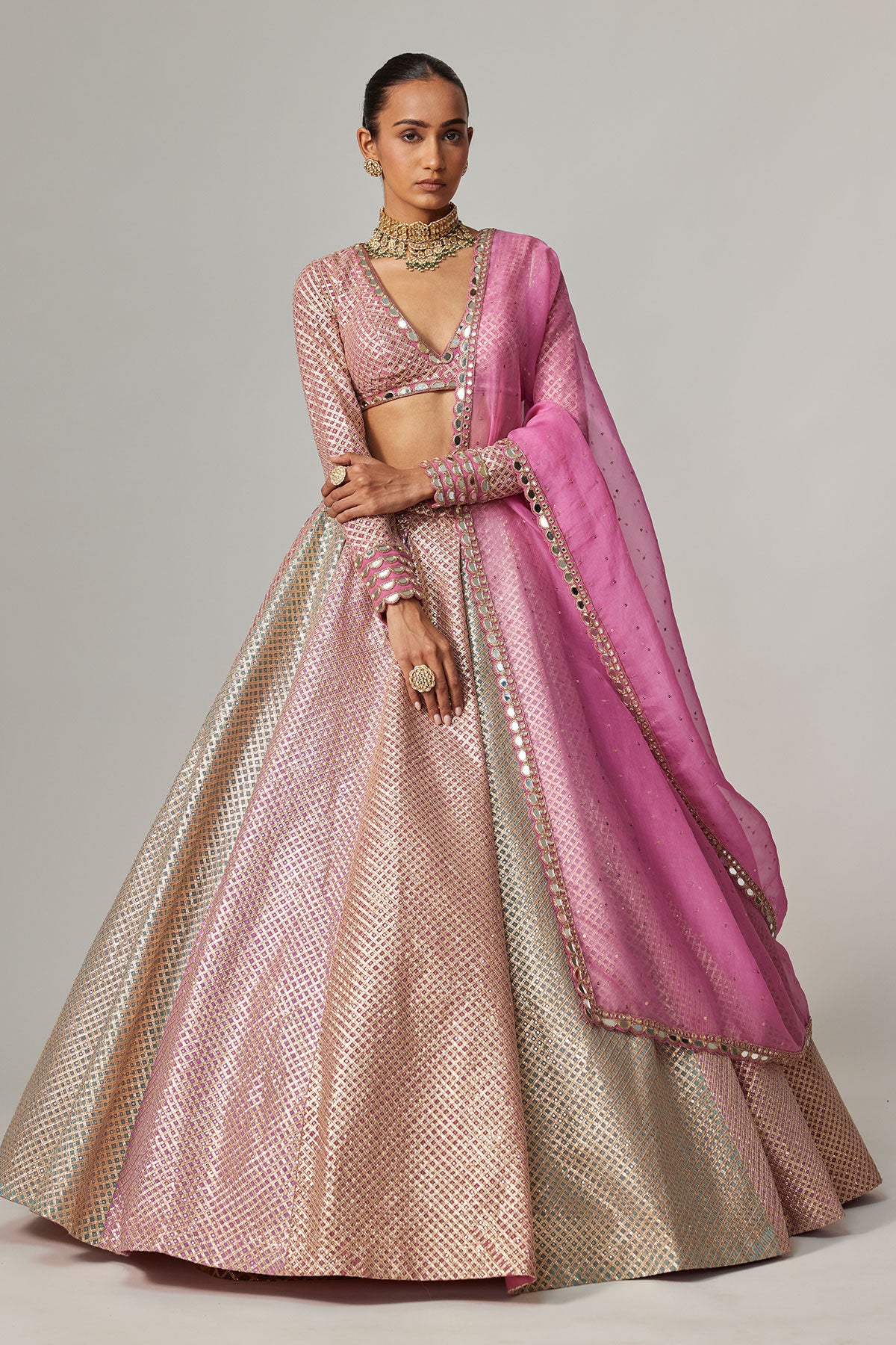 Dark Blush Multicolor Metallic Gota Crop Top Skirt With Dark Blush Dupatta