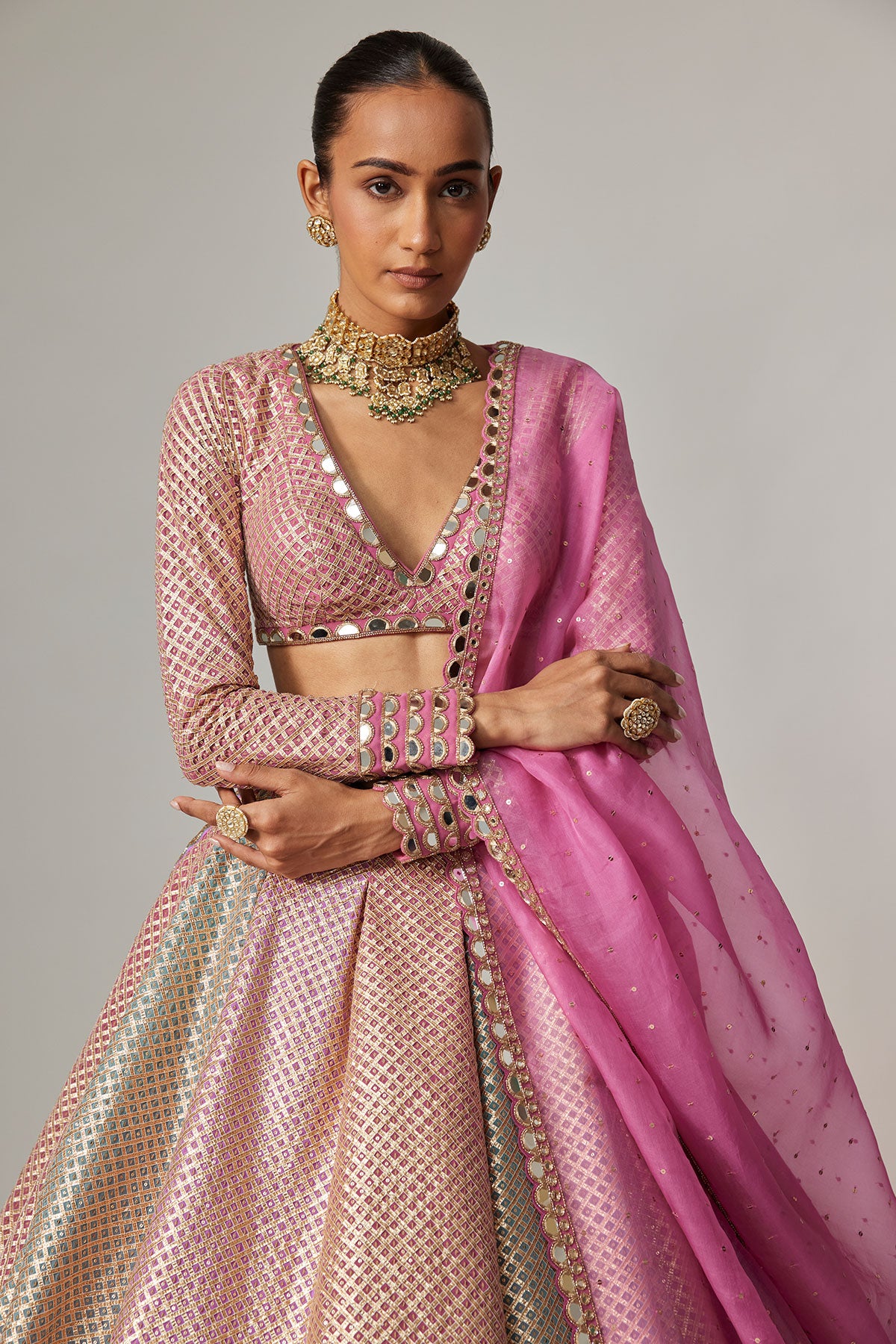 Dark Blush Multicolor Metallic Gota Crop Top Skirt With Dark Blush Dupatta
