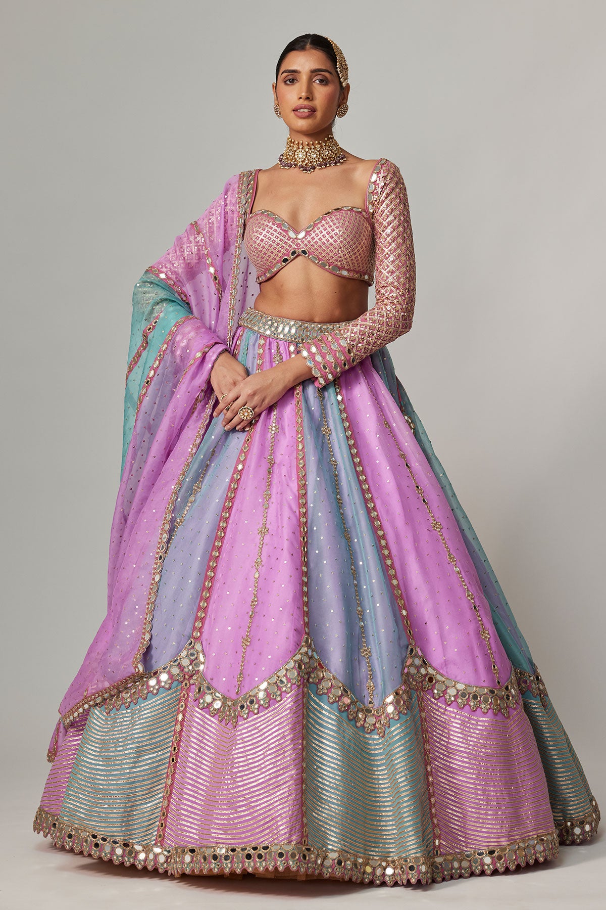 Mauve Multicolor Sequin Scattered Lehenga With Sweetheart Full Sleeve Blouse