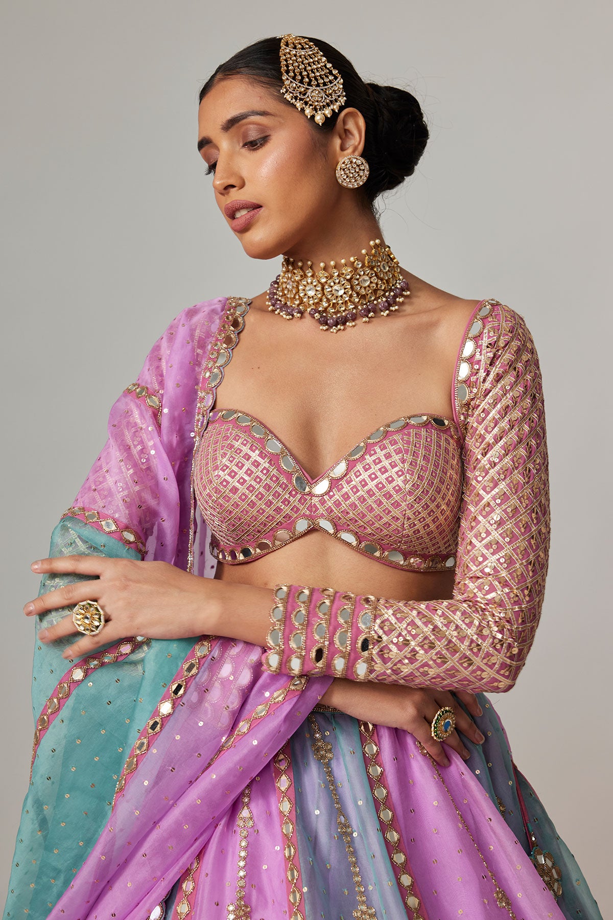 Mauve Multicolor Sequin Scattered Lehenga With Sweetheart Full Sleeve Blouse