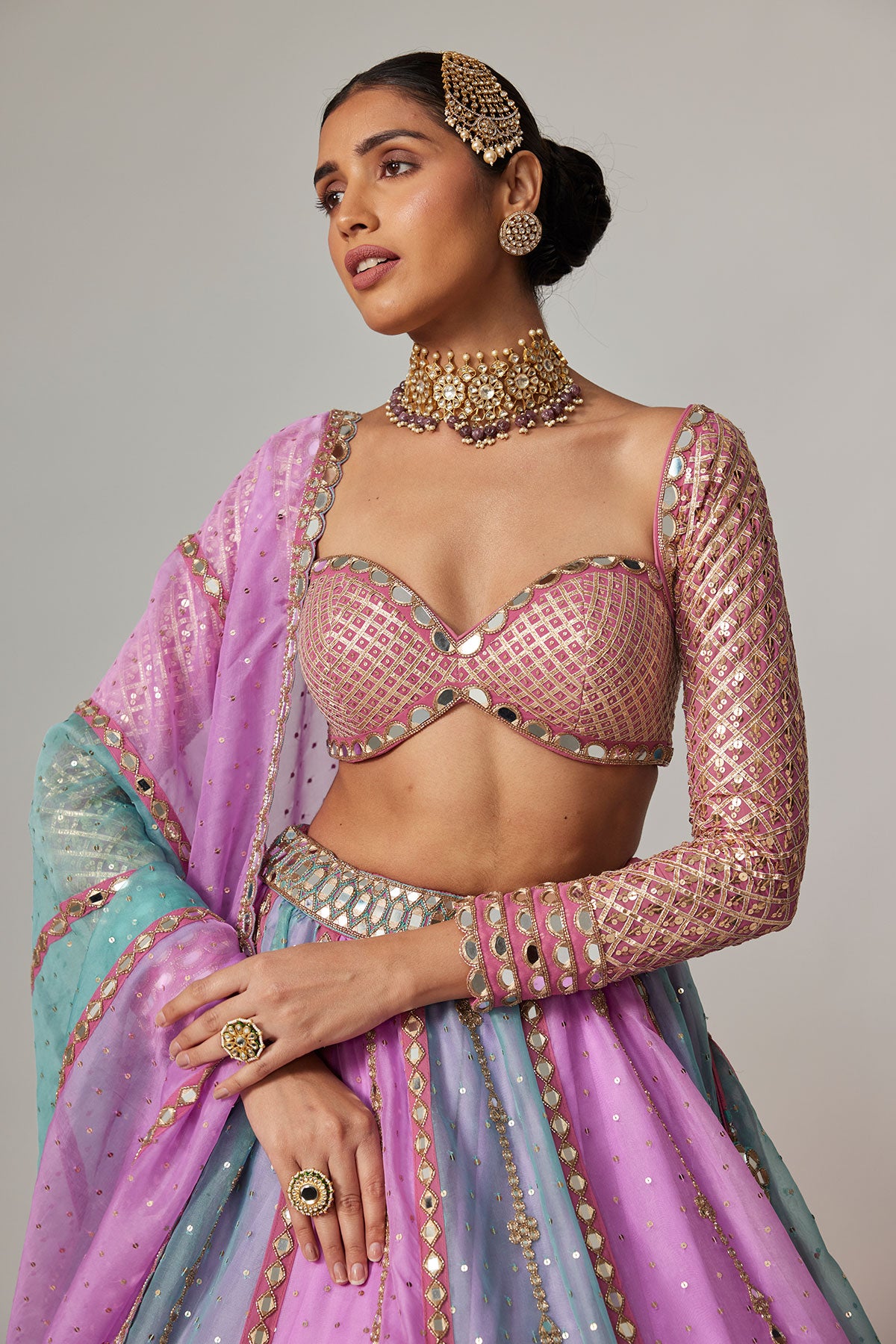 Mauve Multicolor Sequin Scattered Lehenga With Sweetheart Full Sleeve Blouse