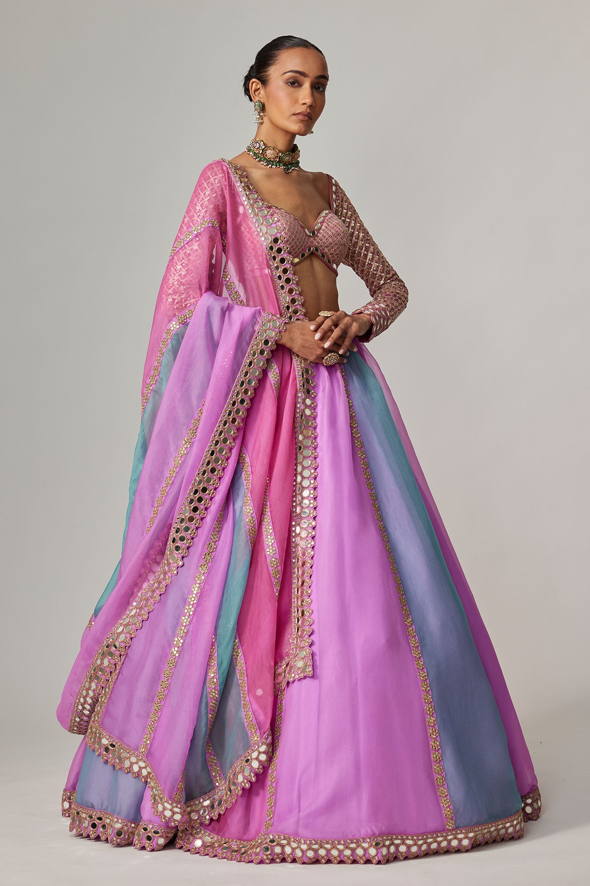 Mauve Multicolor Linear Lehenga With Sweetheart Full Sleeve Blouse