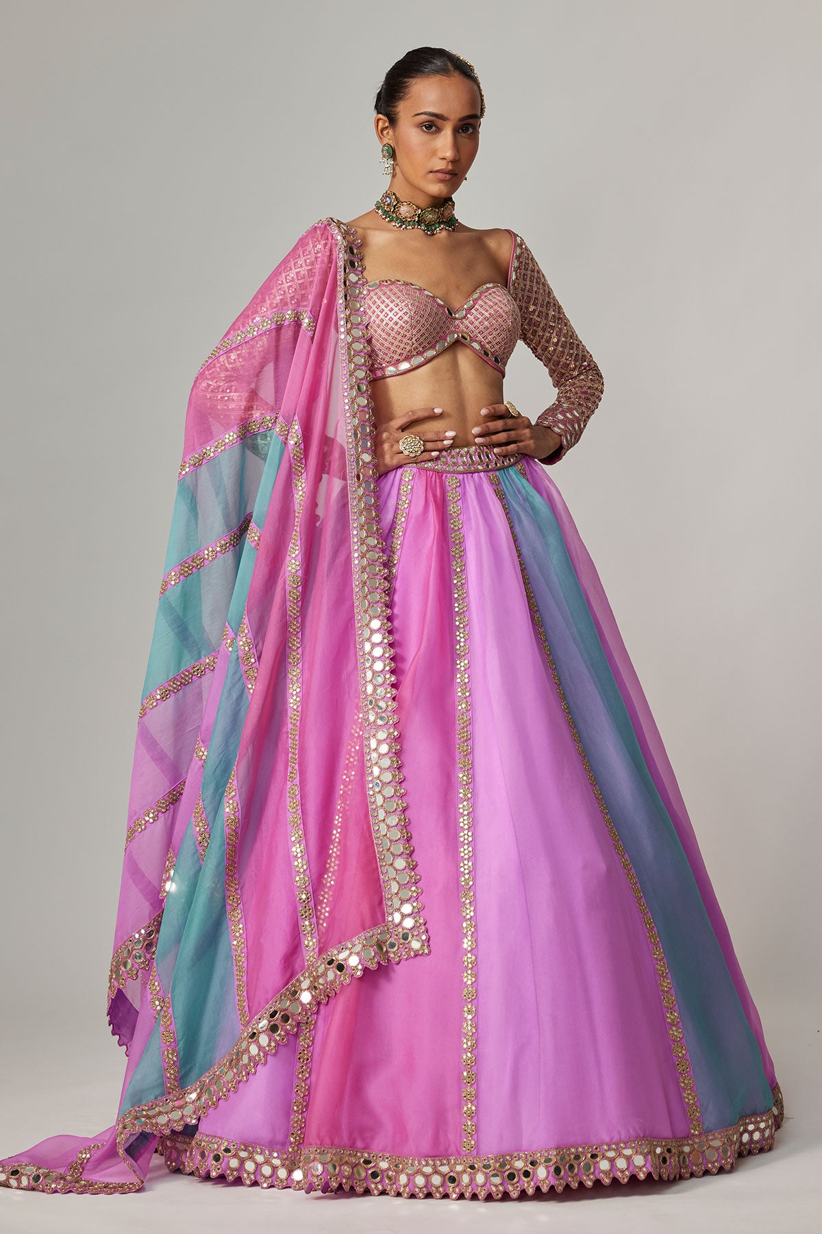 Mauve Multicolor Linear Lehenga With Sweetheart Full Sleeve Blouse